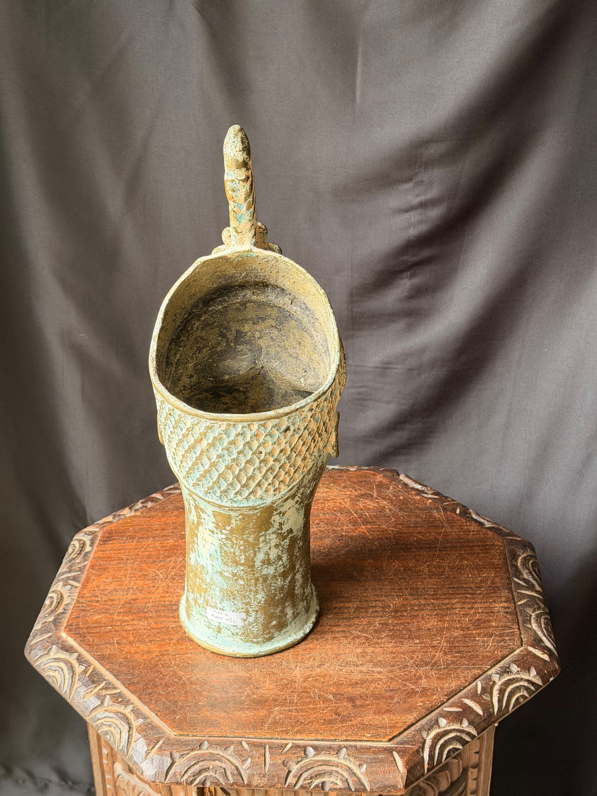 Vintage Nigerian Cast Brass Ife Head Beaded Crown Plume Yoruba Sculpture 18 in