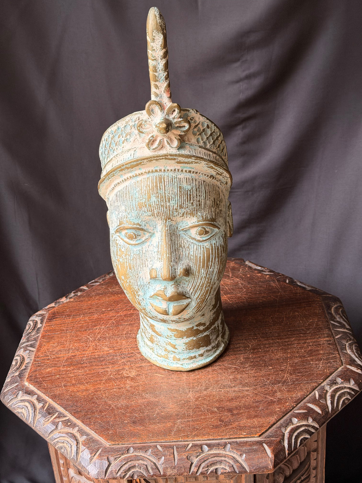 Vintage Nigerian Cast Brass Ife Head Beaded Crown Plume Yoruba Sculpture 18 in