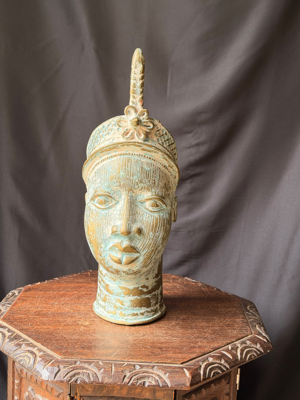 Vintage Nigerian Cast Brass Ife Head Beaded Crown Plume Yoruba Sculpture 18 in
