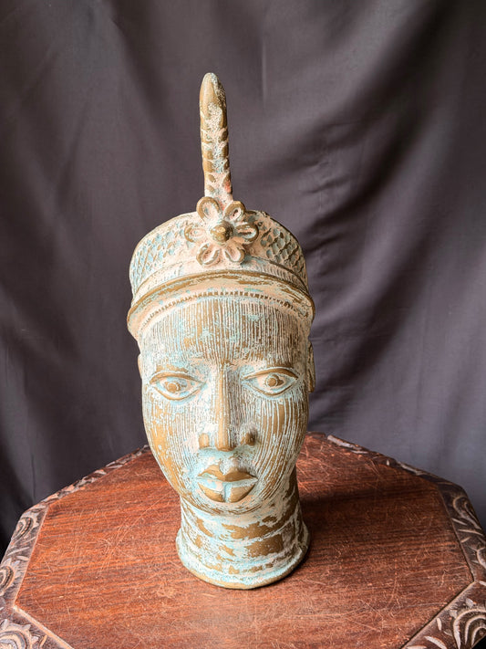 Vintage Nigerian Cast Brass Ife Head Beaded Crown Plume Yoruba Sculpture 18 in