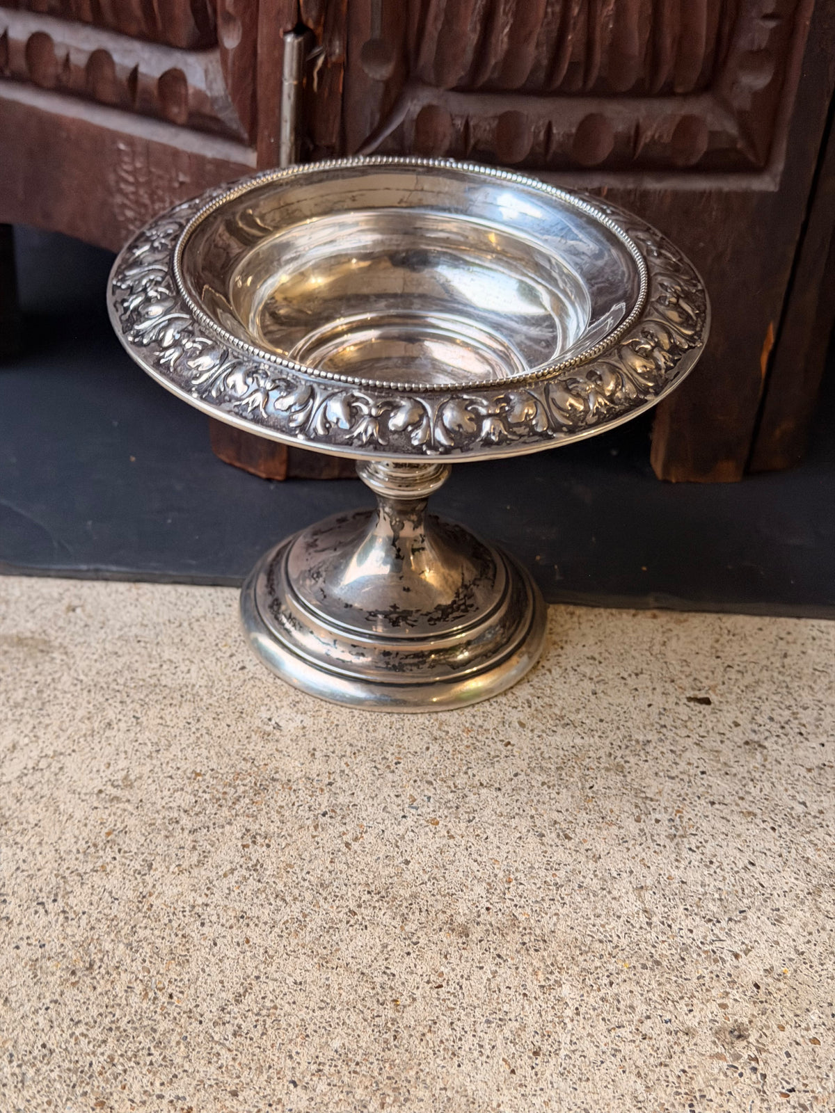 Sterling Silver Repousse Pedestal Compote, Leaf Scroll Rim, Unweighted 5.8in