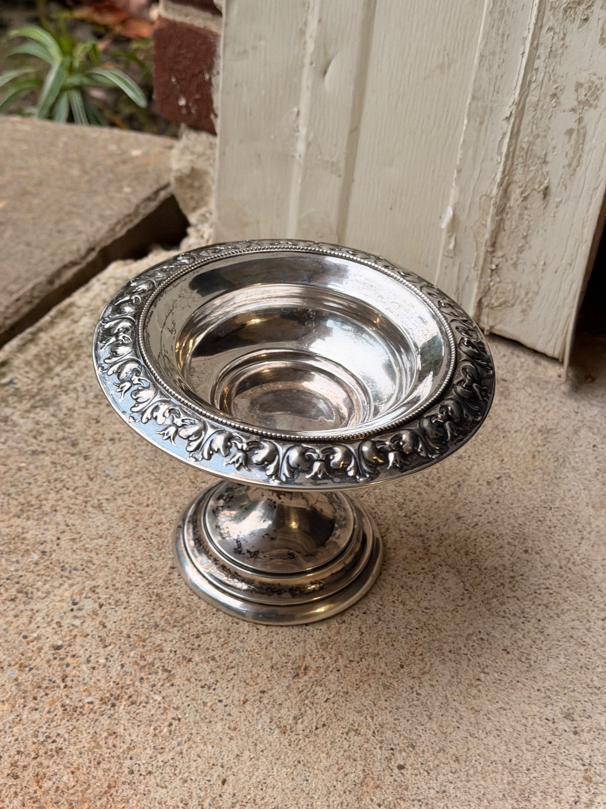 Sterling Silver Repousse Pedestal Compote, Leaf Scroll Rim, Unweighted 5.8in