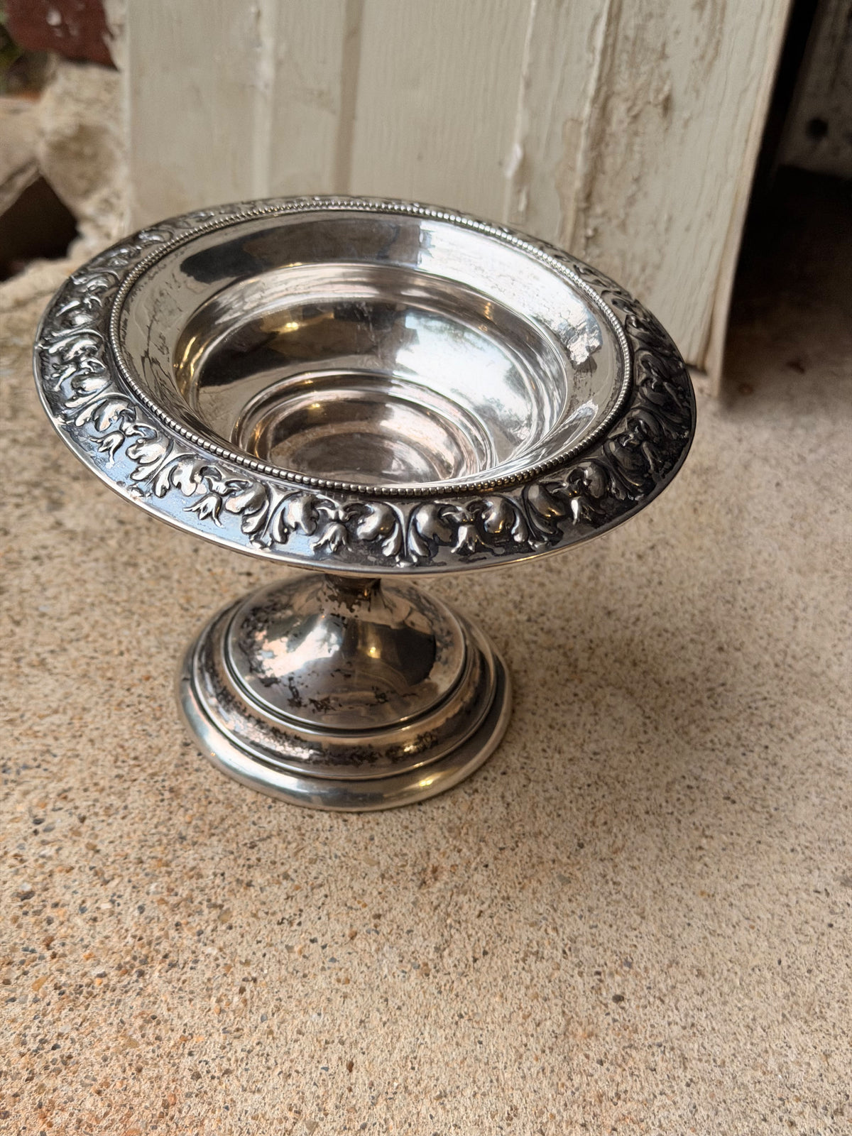 Sterling Silver Repousse Pedestal Compote, Leaf Scroll Rim, Unweighted 5.8in