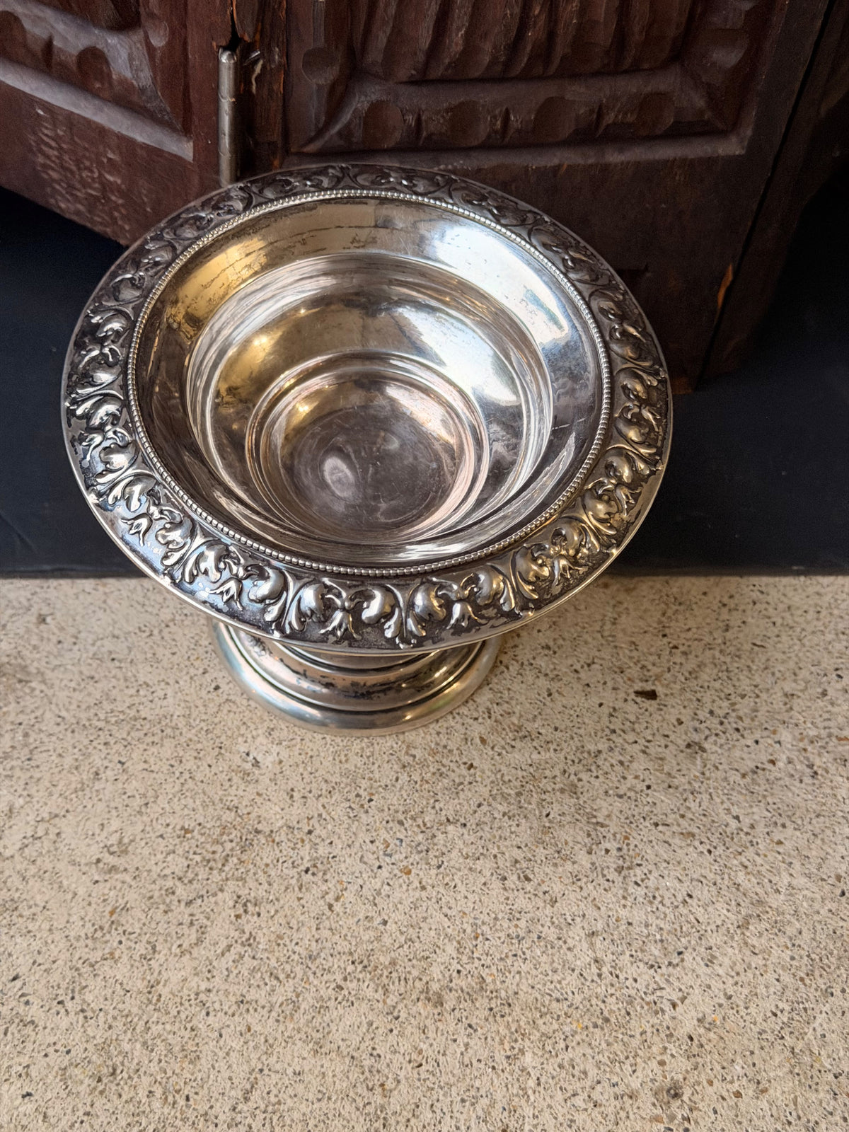 Sterling Silver Repousse Pedestal Compote, Leaf Scroll Rim, Unweighted 5.8in