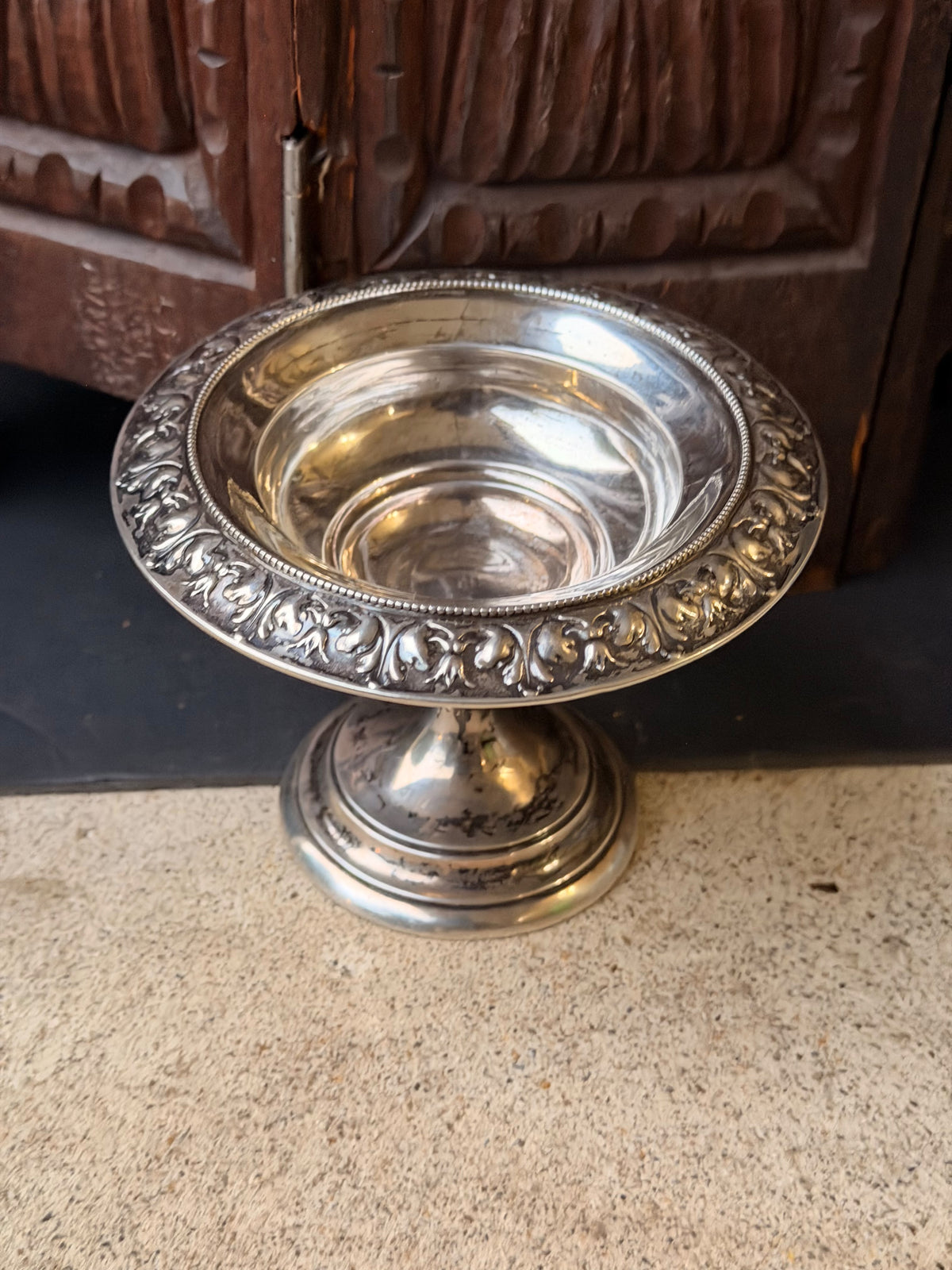 Sterling Silver Repousse Pedestal Compote, Leaf Scroll Rim, Unweighted 5.8in