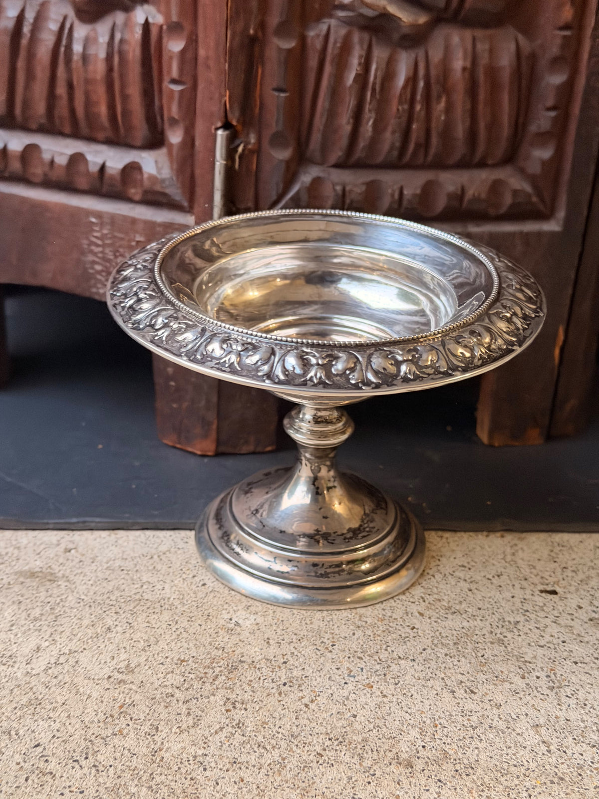 Sterling Silver Repousse Pedestal Compote, Leaf Scroll Rim, Unweighted 5.8in
