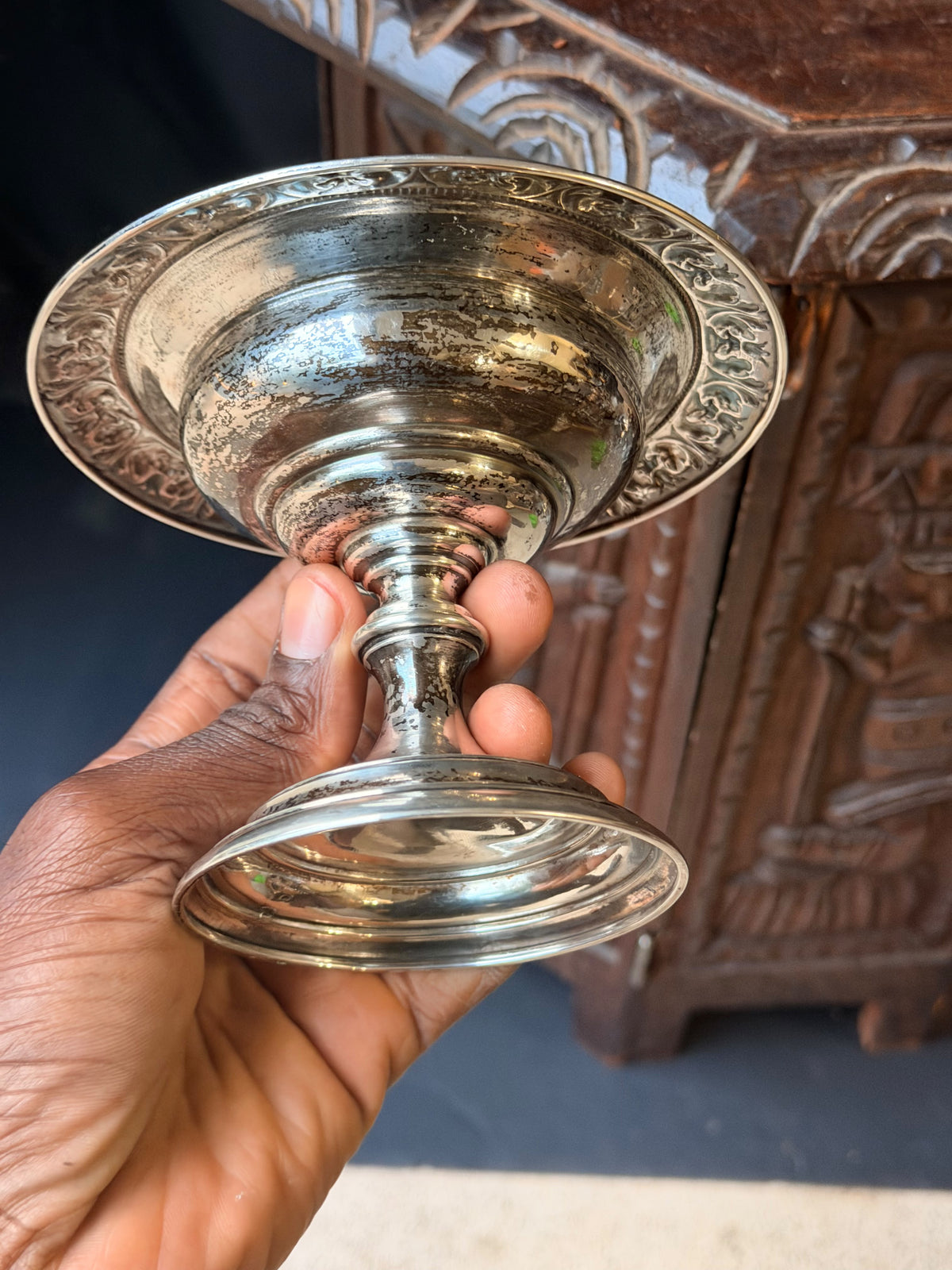 Sterling Silver Repousse Pedestal Compote, Leaf Scroll Rim, Unweighted 5.8in