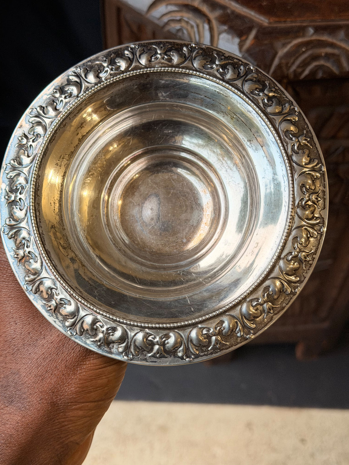 Sterling Silver Repousse Pedestal Compote, Leaf Scroll Rim, Unweighted 5.8in