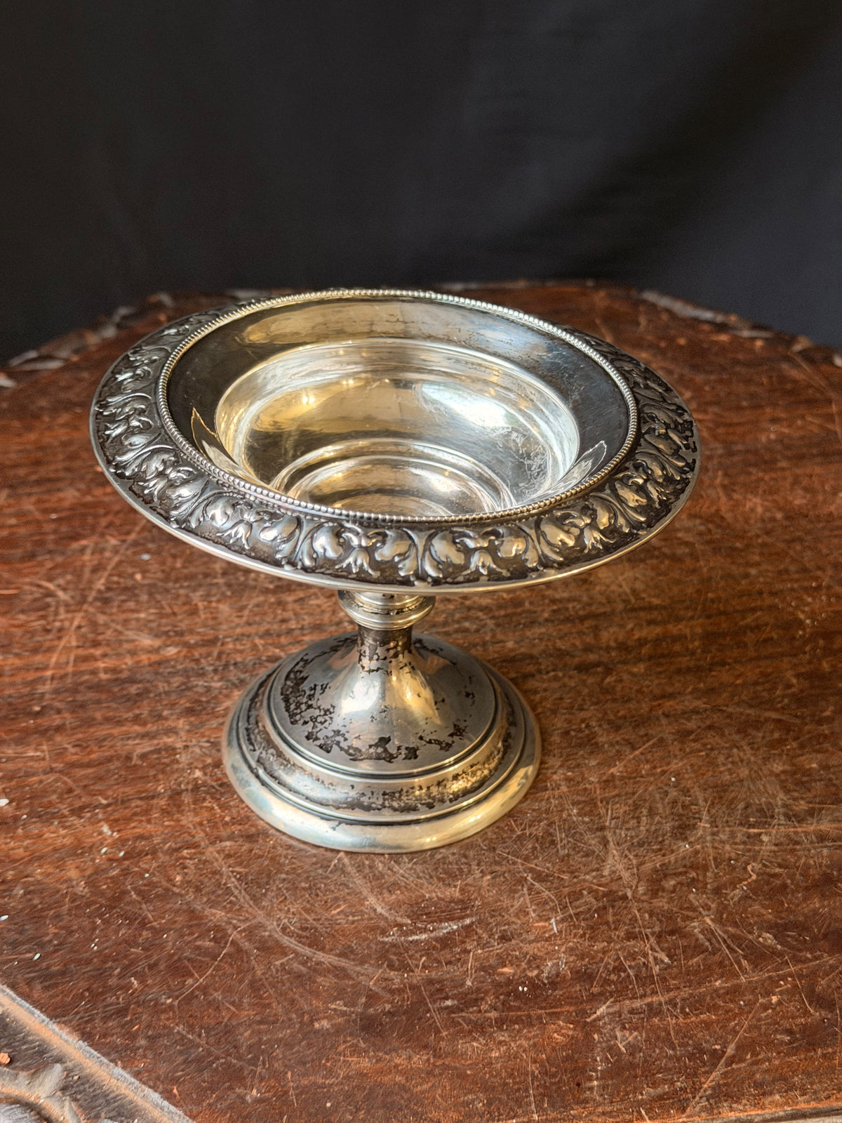 Sterling Silver Repousse Pedestal Compote, Leaf Scroll Rim, Unweighted 5.8in