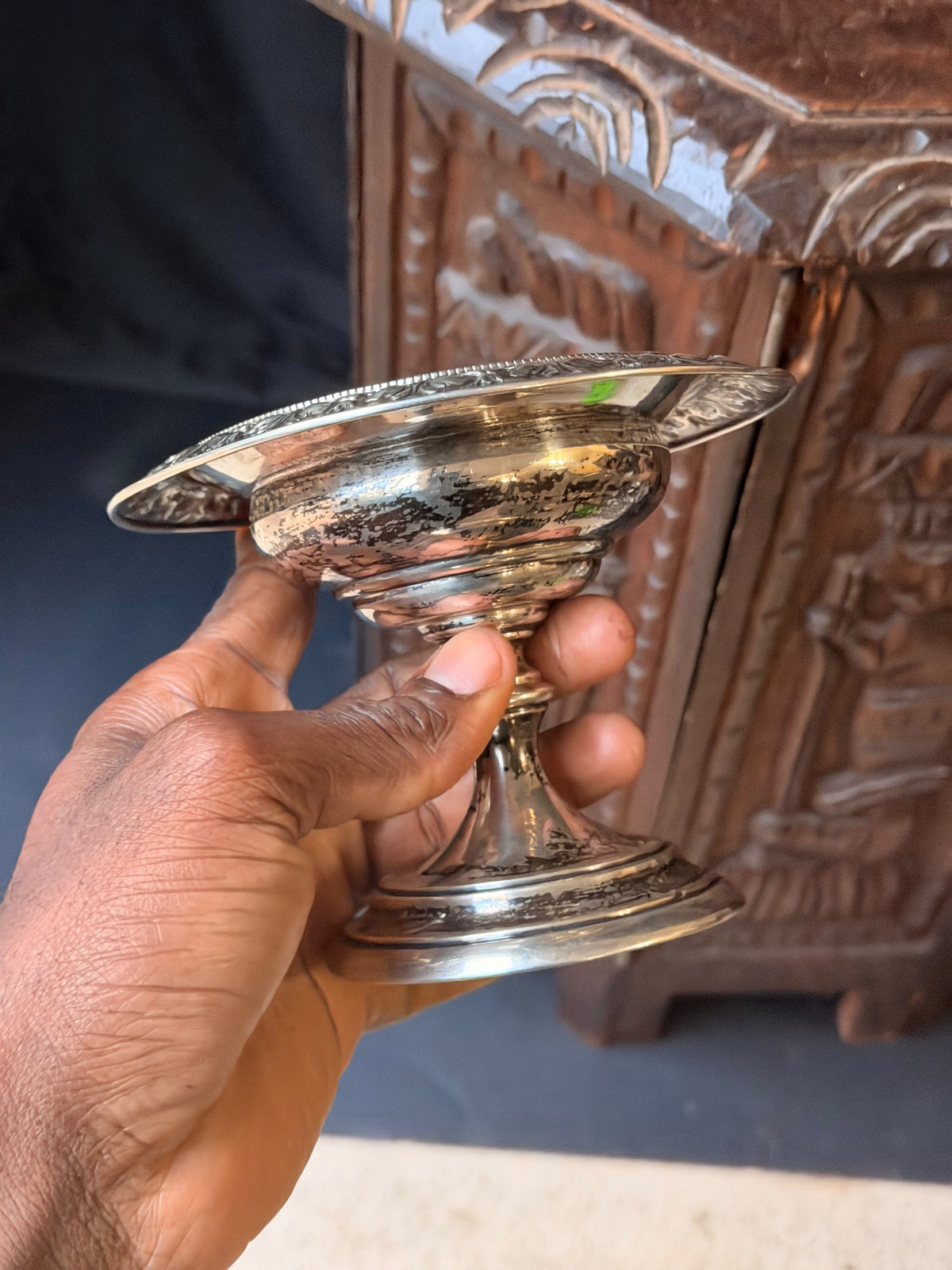 Sterling Silver Repousse Pedestal Compote, Leaf Scroll Rim, Unweighted 5.8in