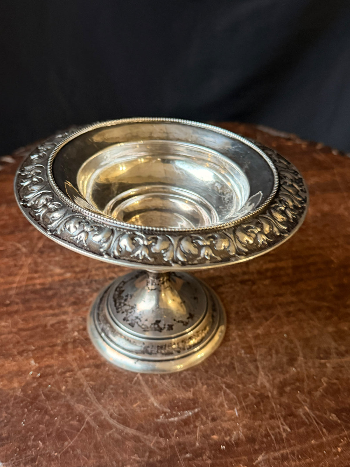Sterling Silver Repousse Pedestal Compote, Leaf Scroll Rim, Unweighted 5.8in