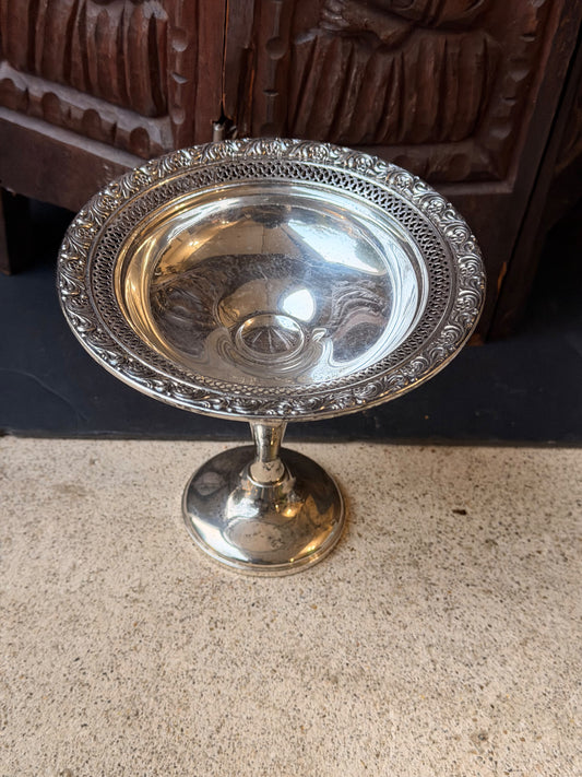 Alvin Sterling Silver Pierced Pedestal Compote S206, Floral Rim, Weighted 6in