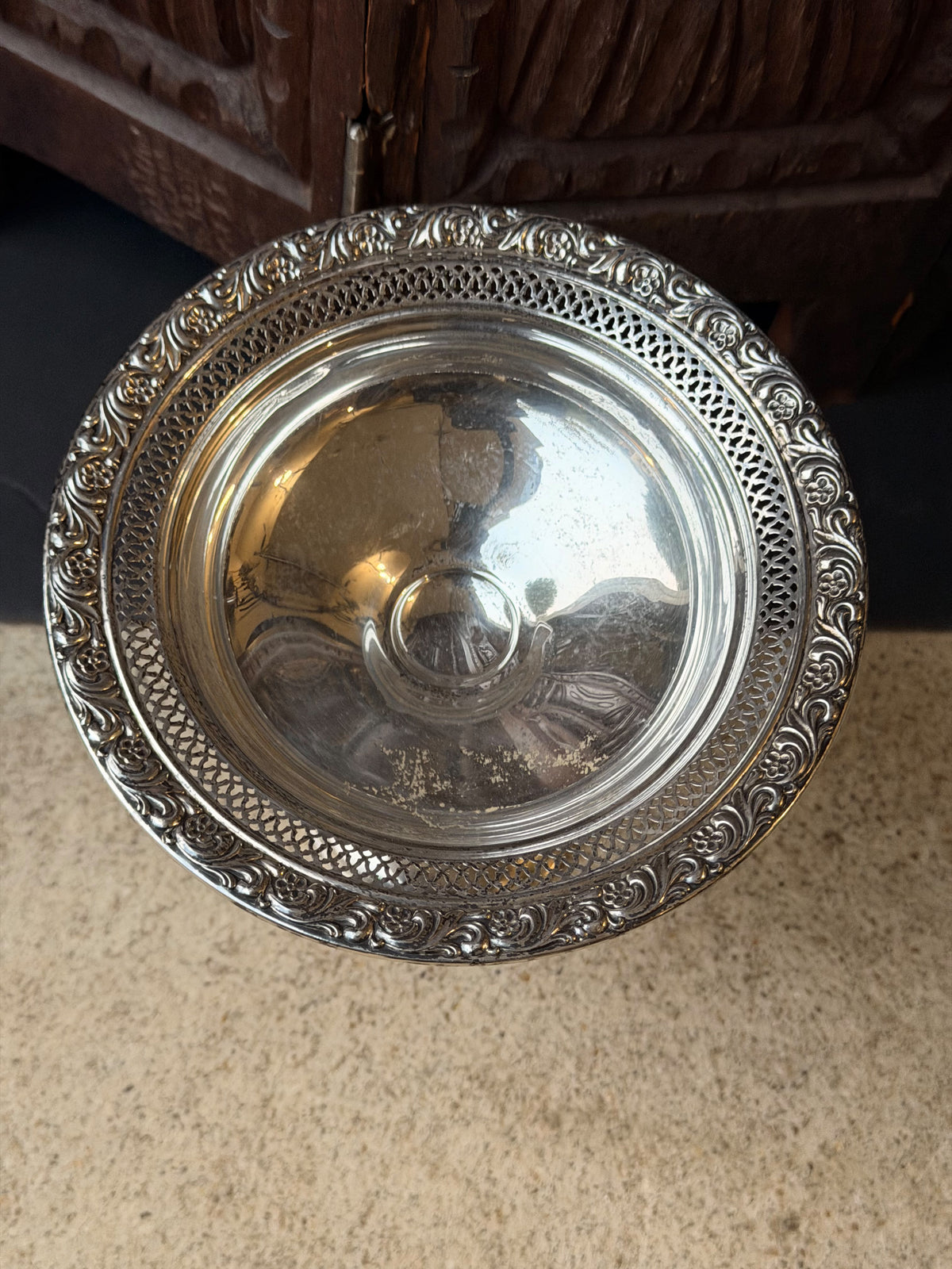 Alvin Sterling Silver Pierced Pedestal Compote S206, Floral Rim, Weighted 6in
