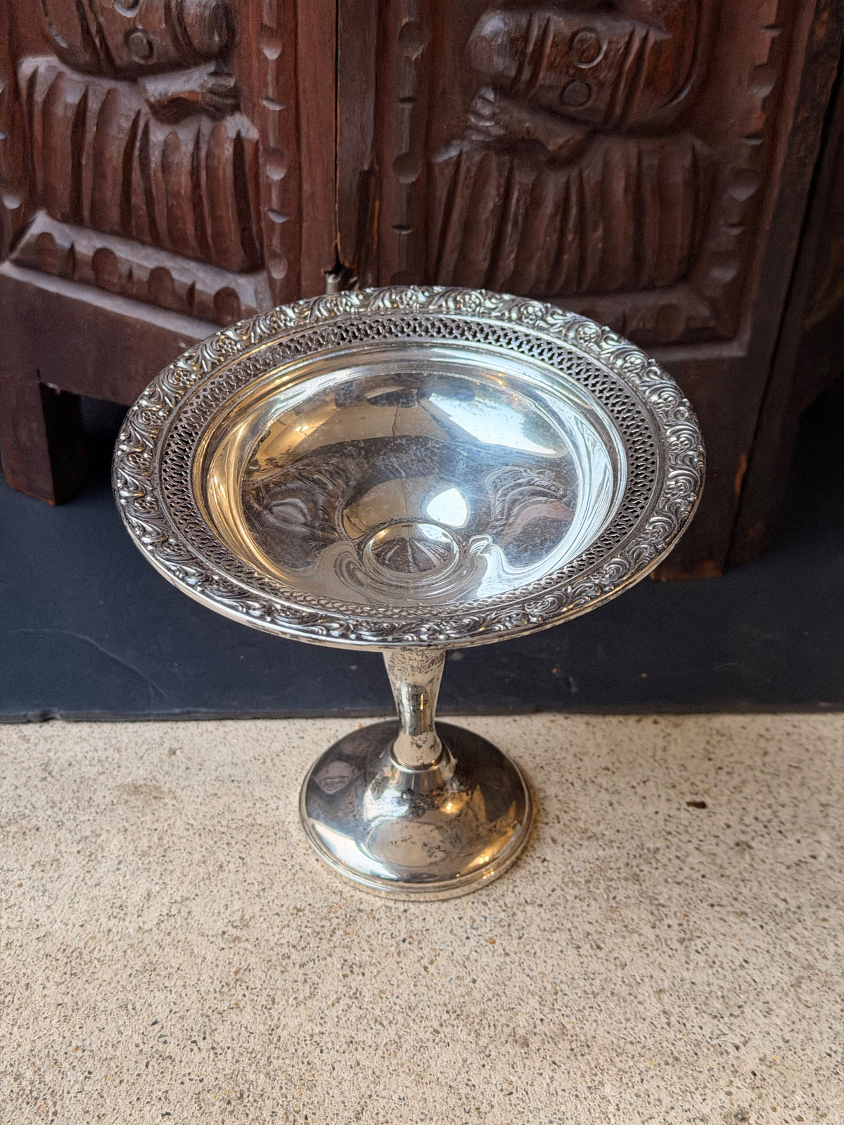 Alvin Sterling Silver Pierced Pedestal Compote S206, Floral Rim, Weighted 6in