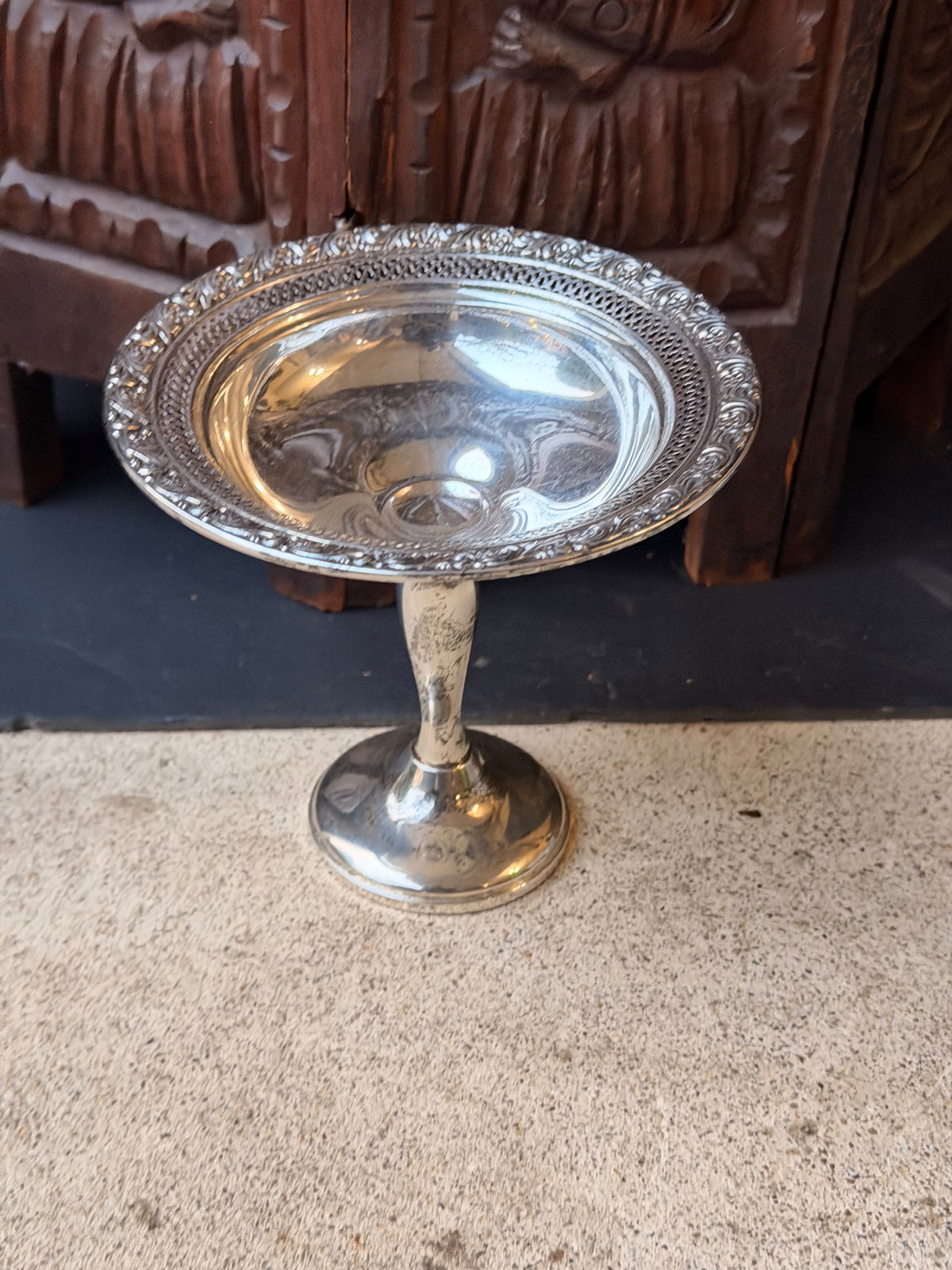Alvin Sterling Silver Pierced Pedestal Compote S206, Floral Rim, Weighted 6in