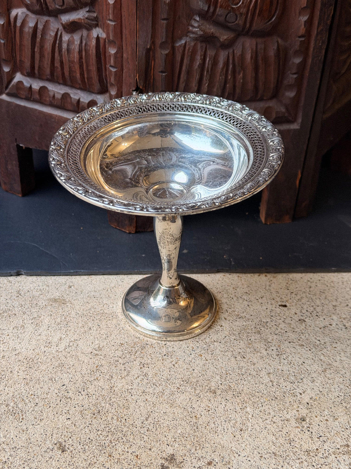Alvin Sterling Silver Pierced Pedestal Compote S206, Floral Rim, Weighted 6in