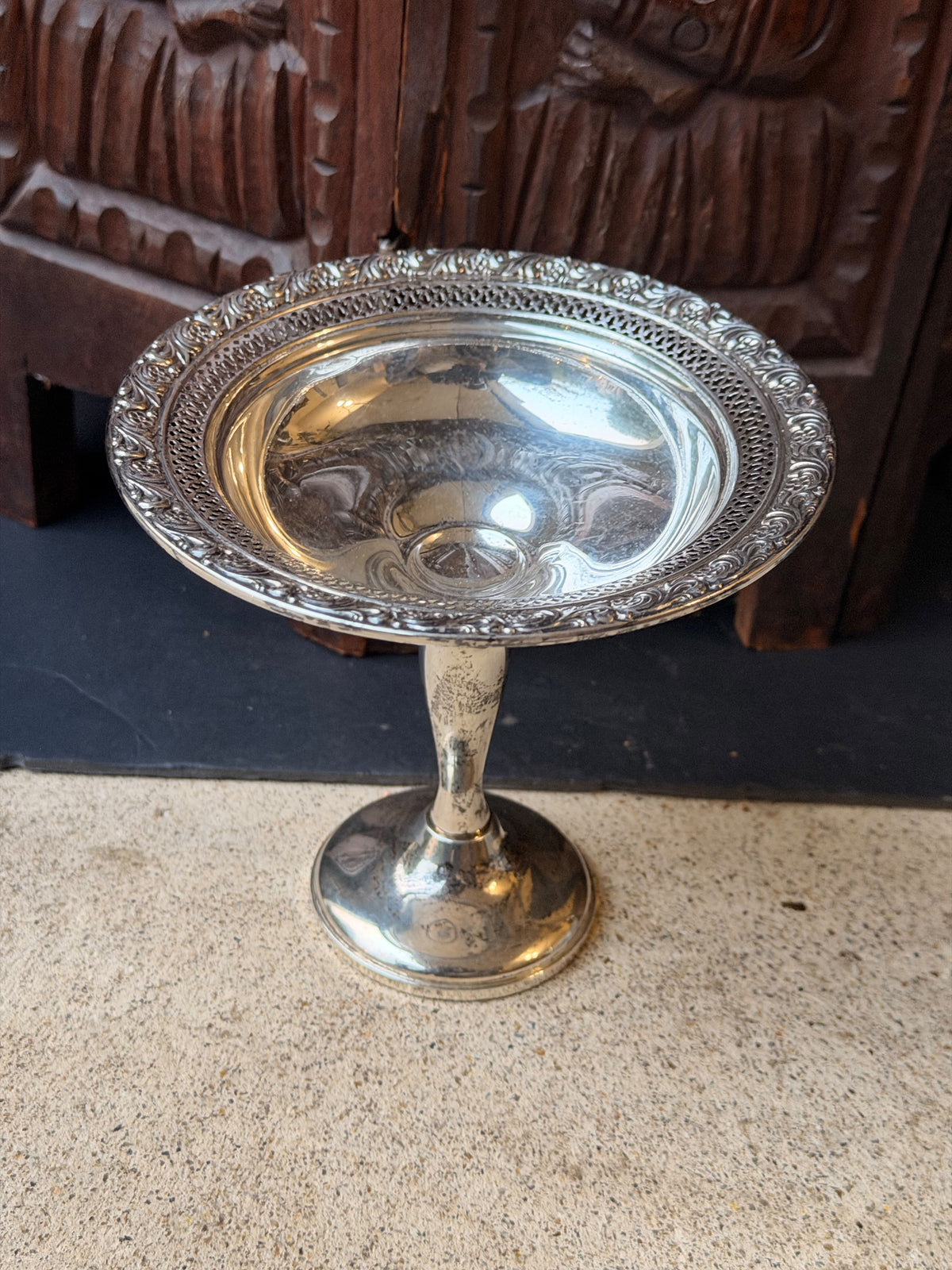 Alvin Sterling Silver Pierced Pedestal Compote S206, Floral Rim, Weighted 6in