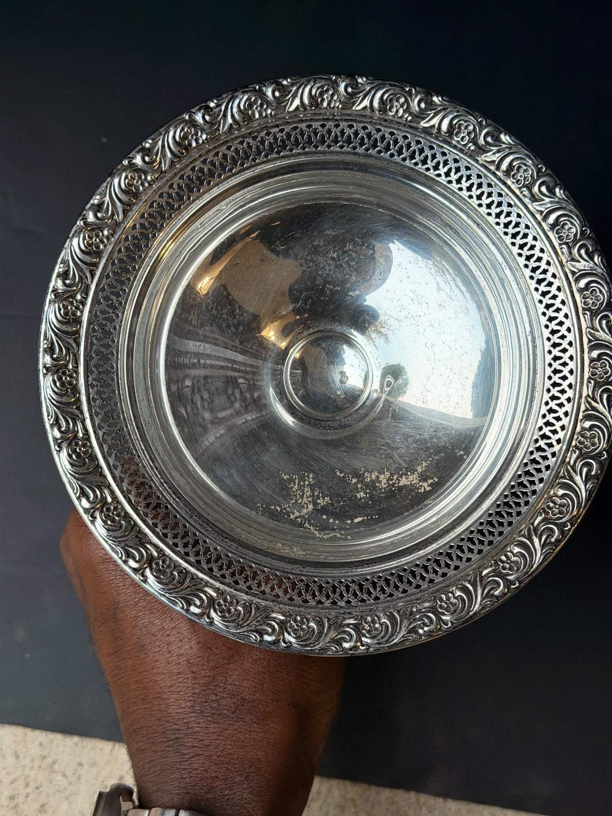 Alvin Sterling Silver Pierced Pedestal Compote S206, Floral Rim, Weighted 6in