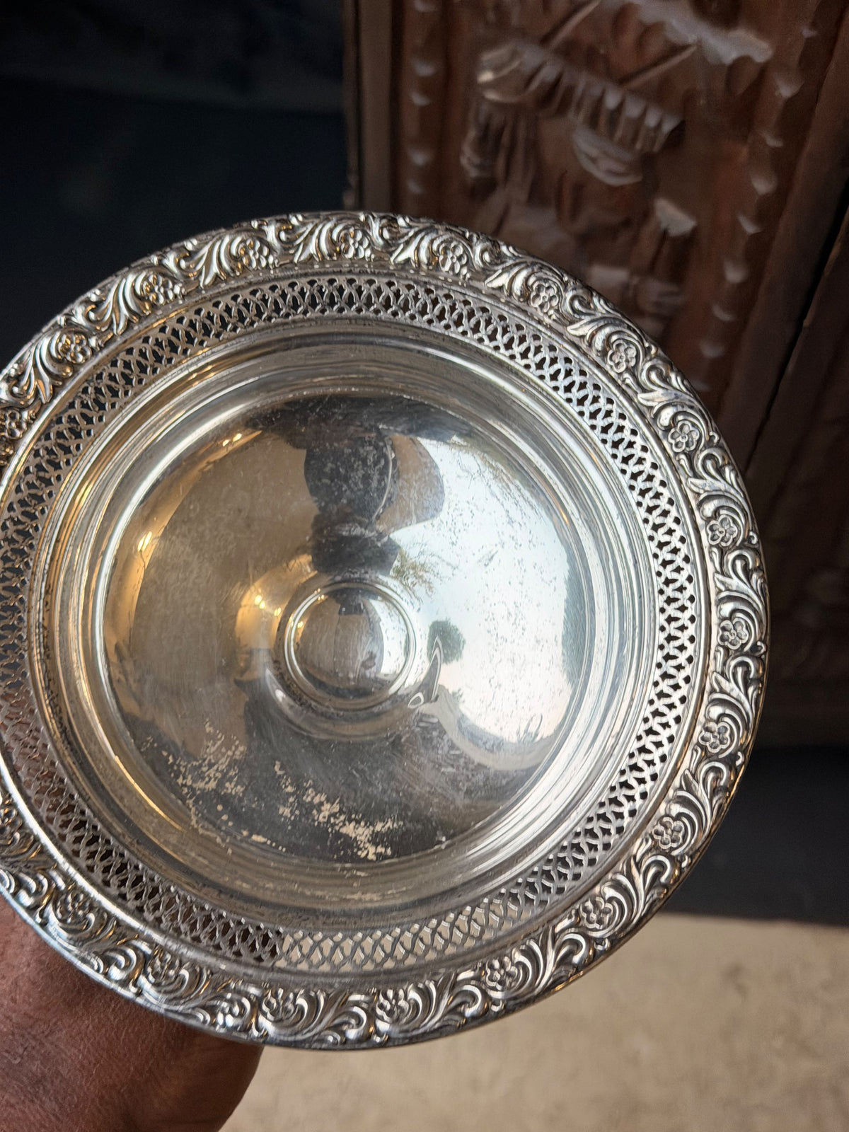 Alvin Sterling Silver Pierced Pedestal Compote S206, Floral Rim, Weighted 6in