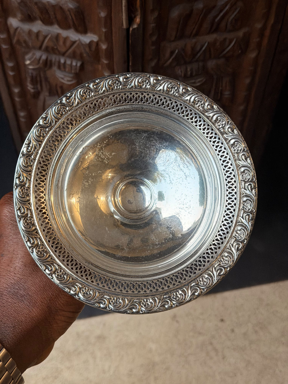 Alvin Sterling Silver Pierced Pedestal Compote S206, Floral Rim, Weighted 6in