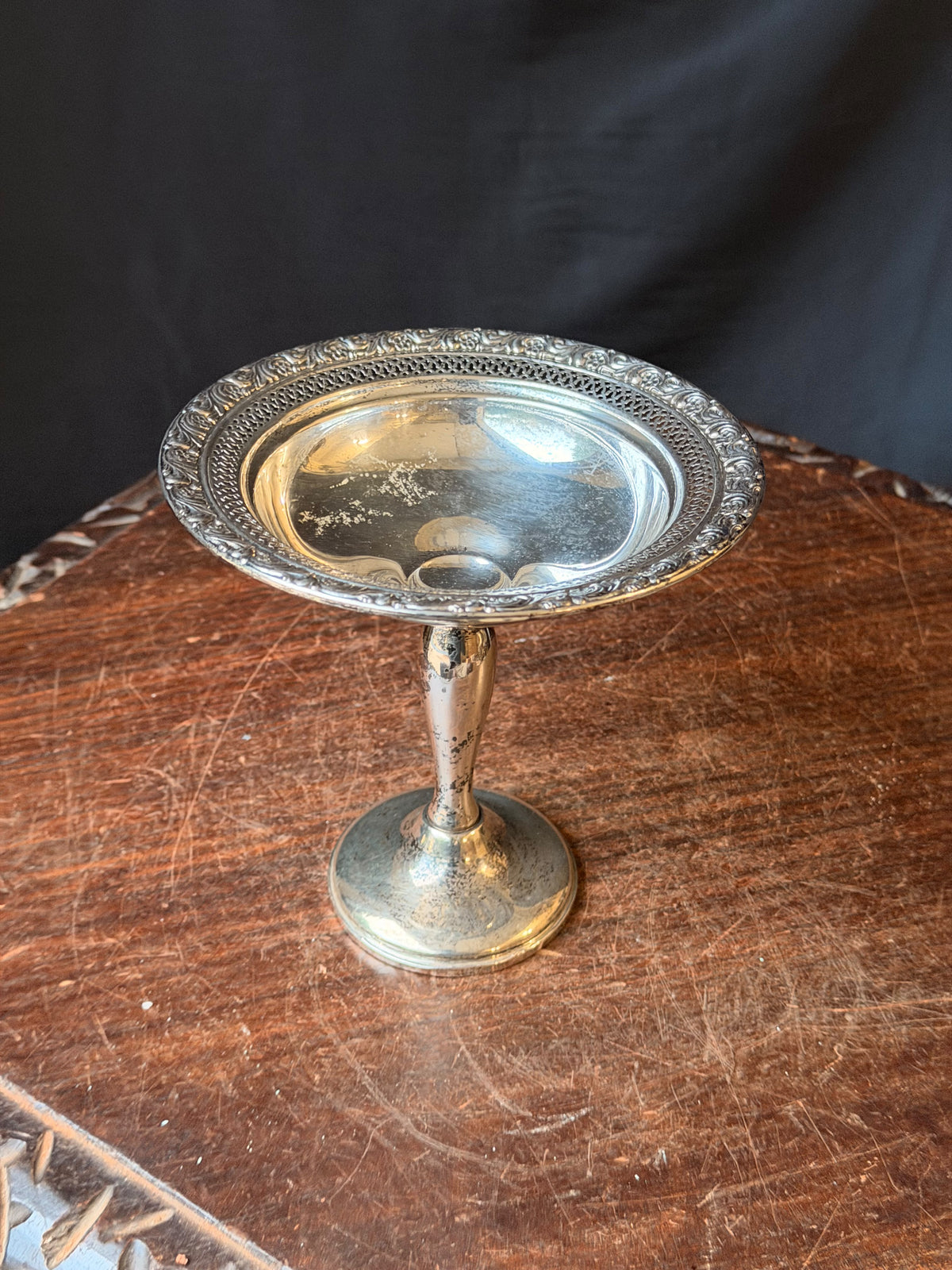 Alvin Sterling Silver Pierced Pedestal Compote S206, Floral Rim, Weighted 6in