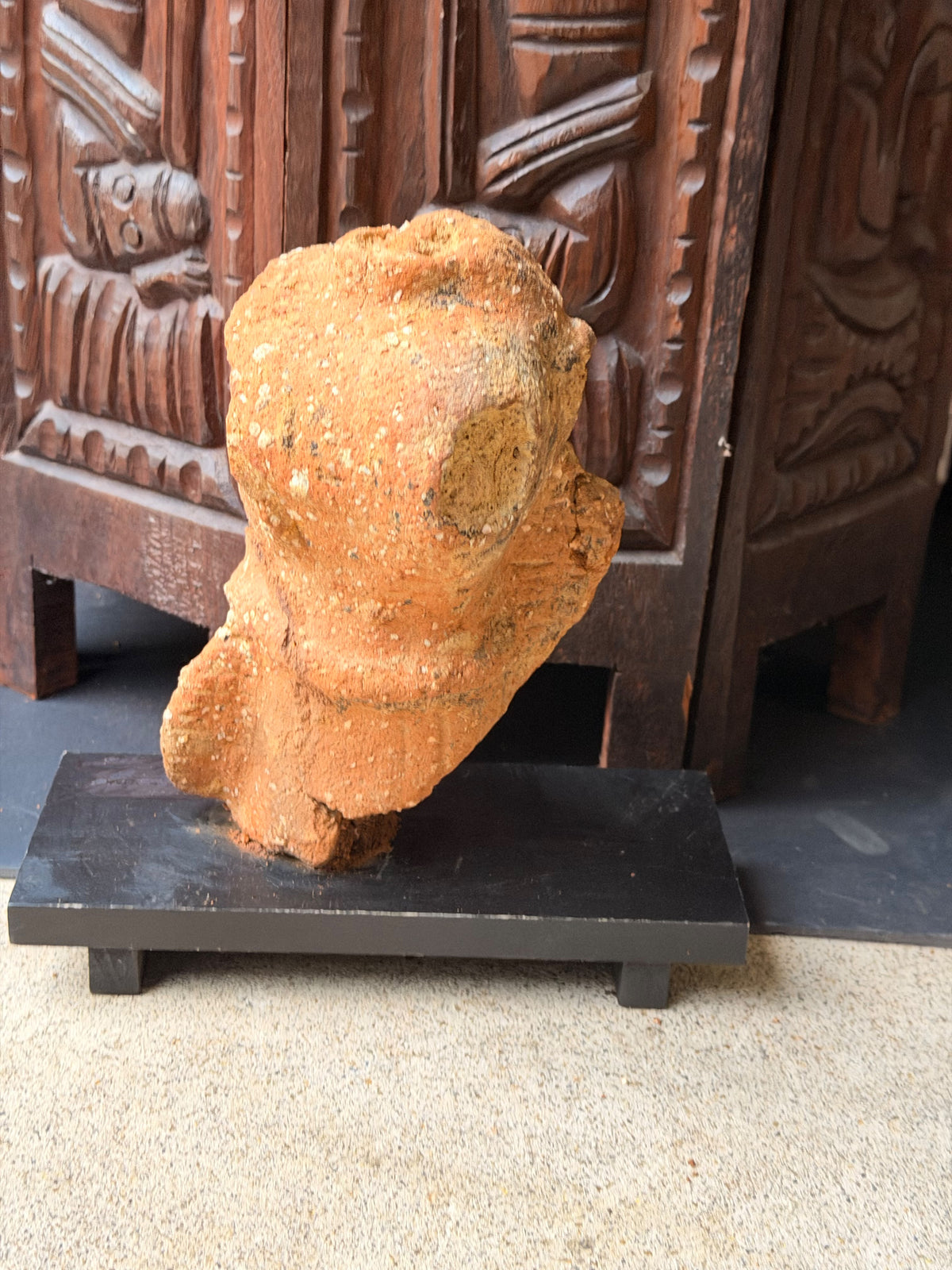 Nok Terracotta Bust with Cap & Raised Arm on Stand Ex Barnes 8in - Age Untested