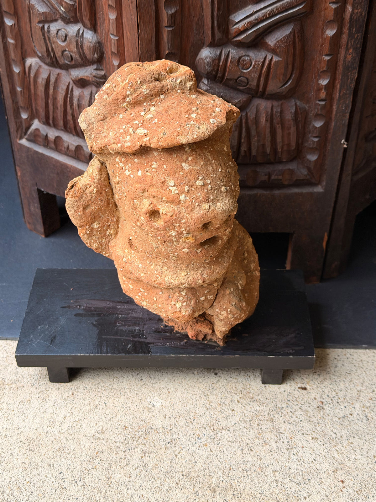Nok Terracotta Bust with Cap & Raised Arm on Stand Ex Barnes 8in - Age Untested