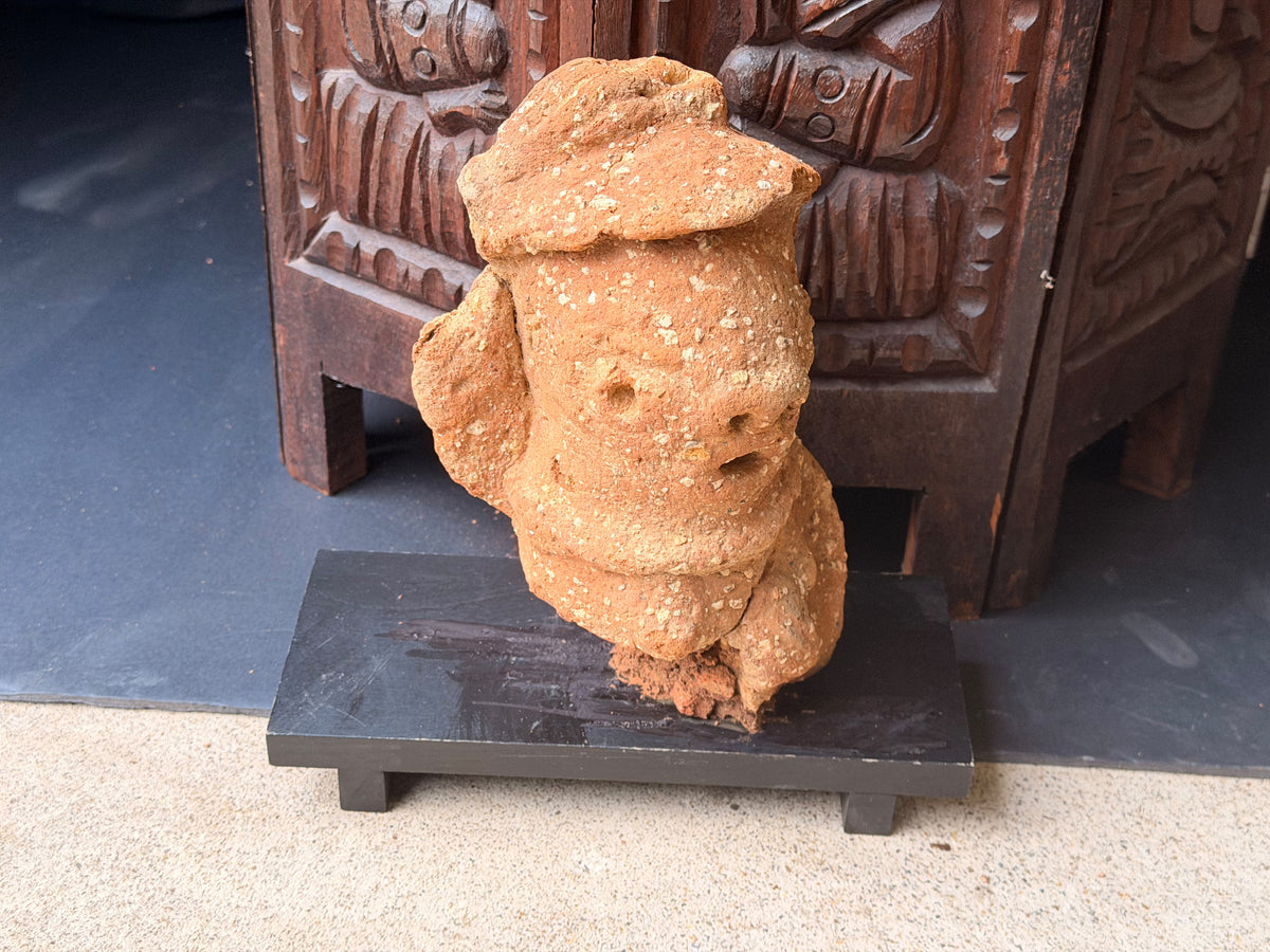 Nok Terracotta Bust with Cap & Raised Arm on Stand Ex Barnes 8in - Age Untested