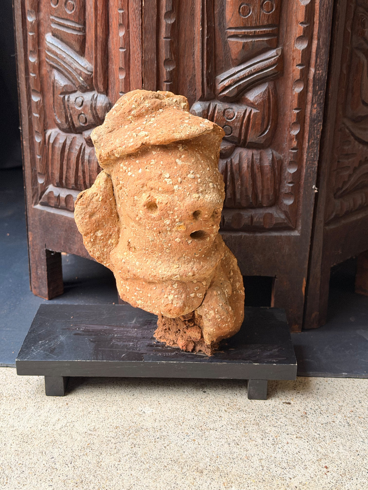 Nok Terracotta Bust with Cap & Raised Arm on Stand Ex Barnes 8in - Age Untested