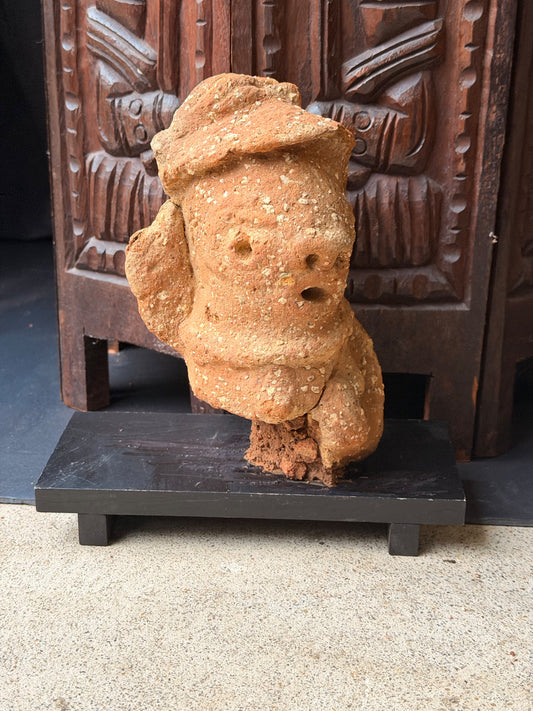 Nok Terracotta Bust with Cap & Raised Arm on Stand Ex Barnes 8in - Age Untested