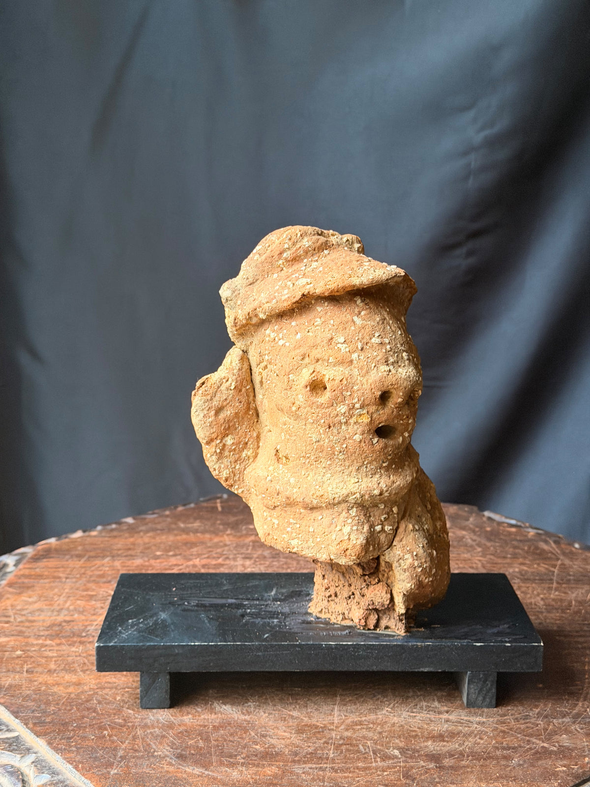 Nok Terracotta Bust with Cap & Raised Arm on Stand Ex Barnes 8in - Age Untested