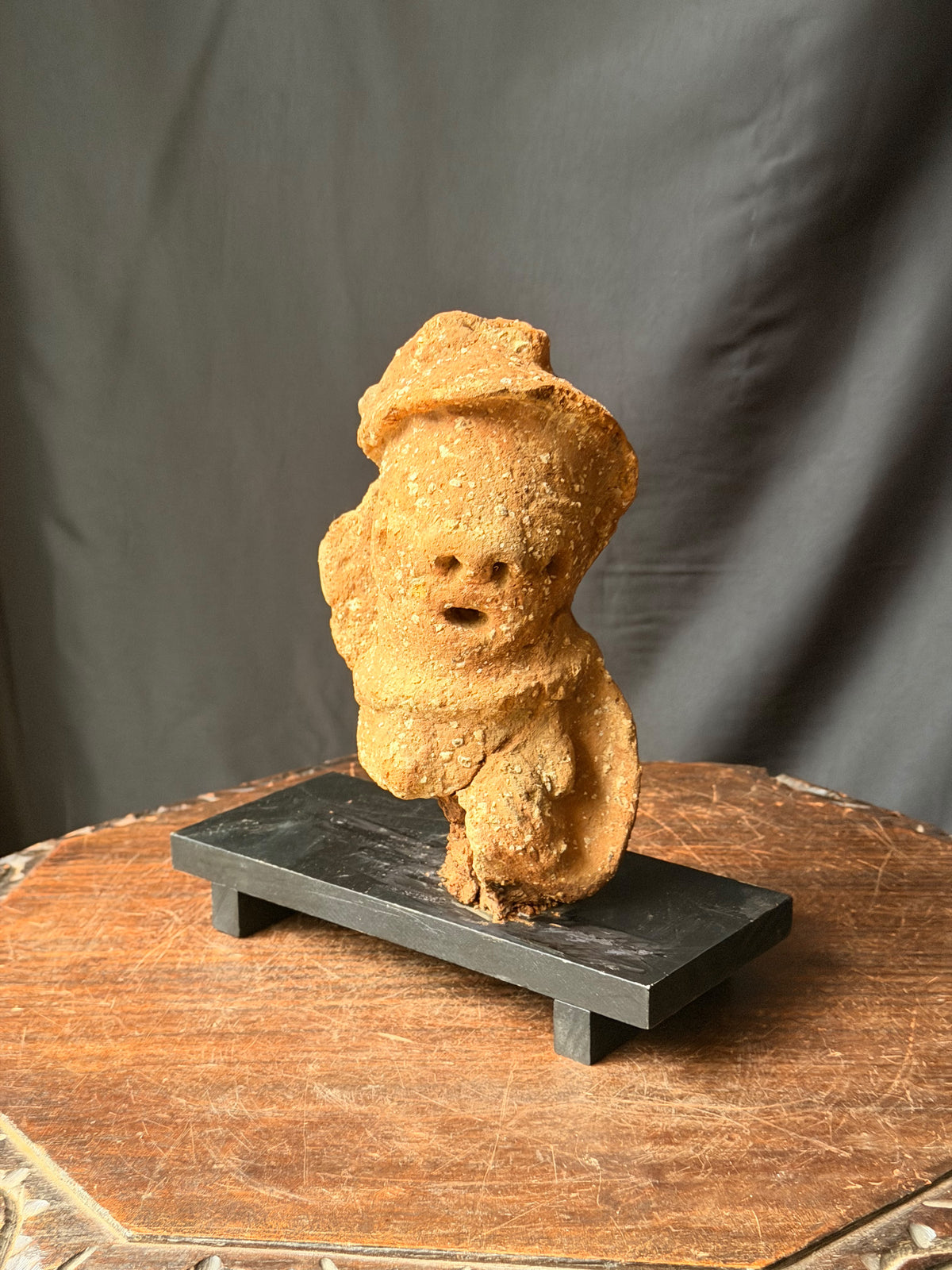 Nok Terracotta Bust with Cap & Raised Arm on Stand Ex Barnes 8in - Age Untested