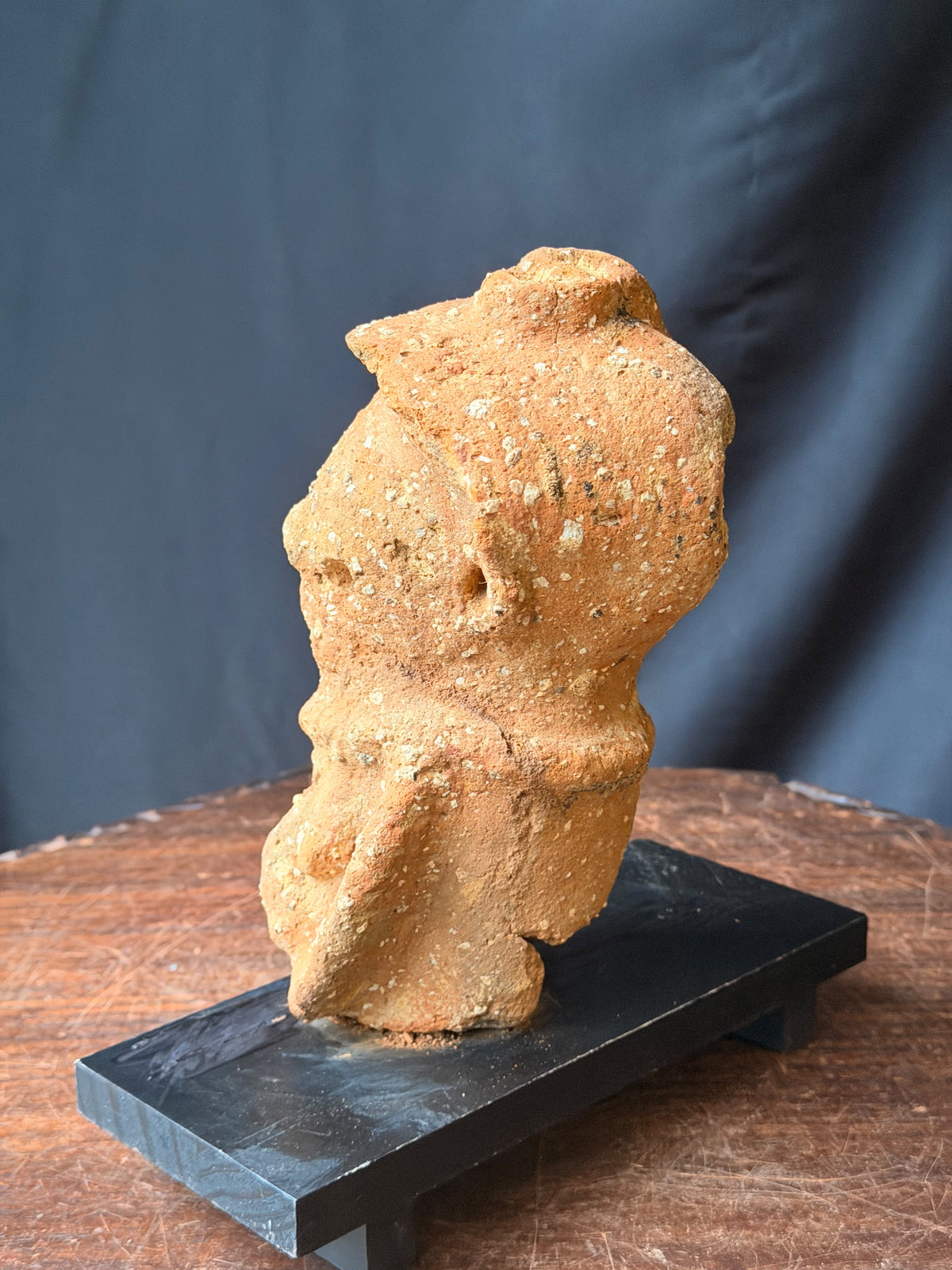 Nok Terracotta Bust with Cap & Raised Arm on Stand Ex Barnes 8in - Age Untested