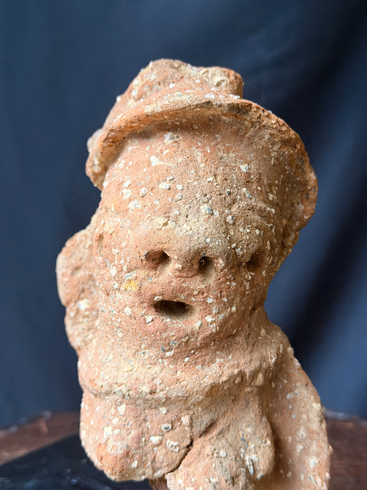 Nok Terracotta Bust with Cap & Raised Arm on Stand Ex Barnes 8in - Age Untested