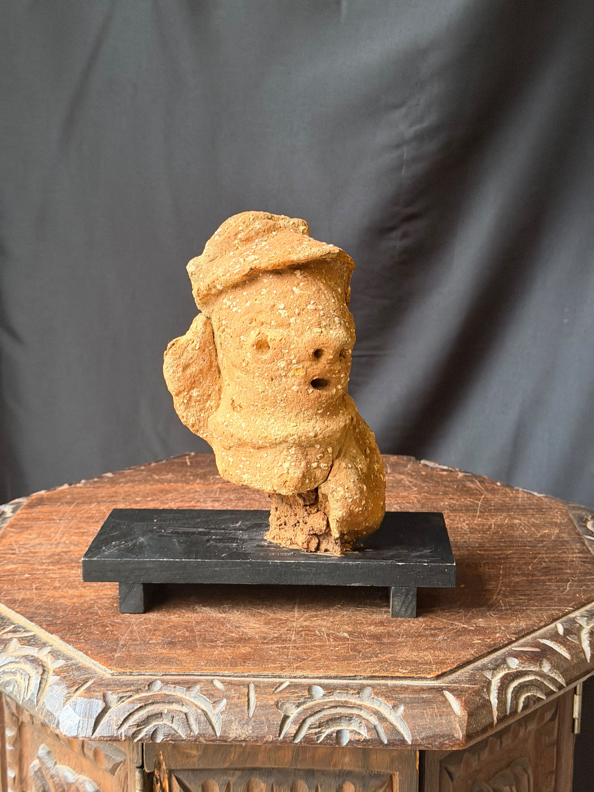 Nok Terracotta Bust with Cap & Raised Arm on Stand Ex Barnes 8in - Age Untested