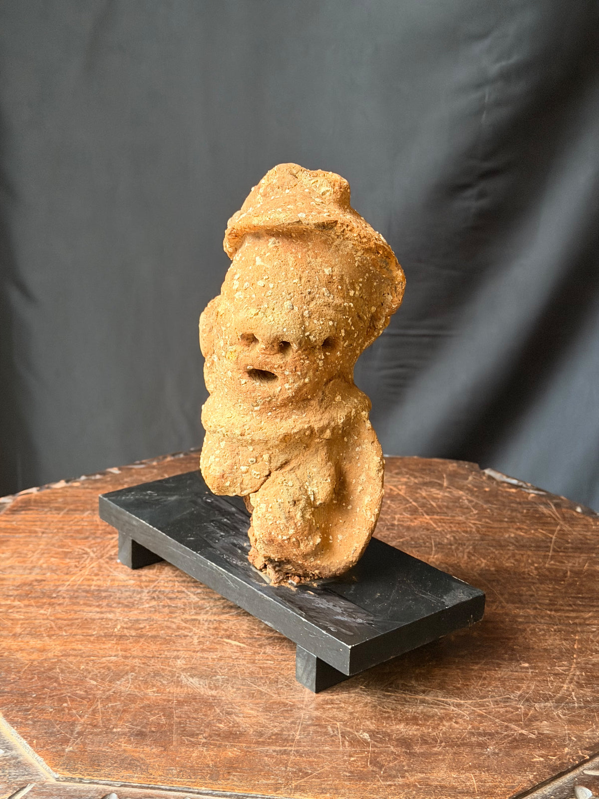 Nok Terracotta Bust with Cap & Raised Arm on Stand Ex Barnes 8in - Age Untested