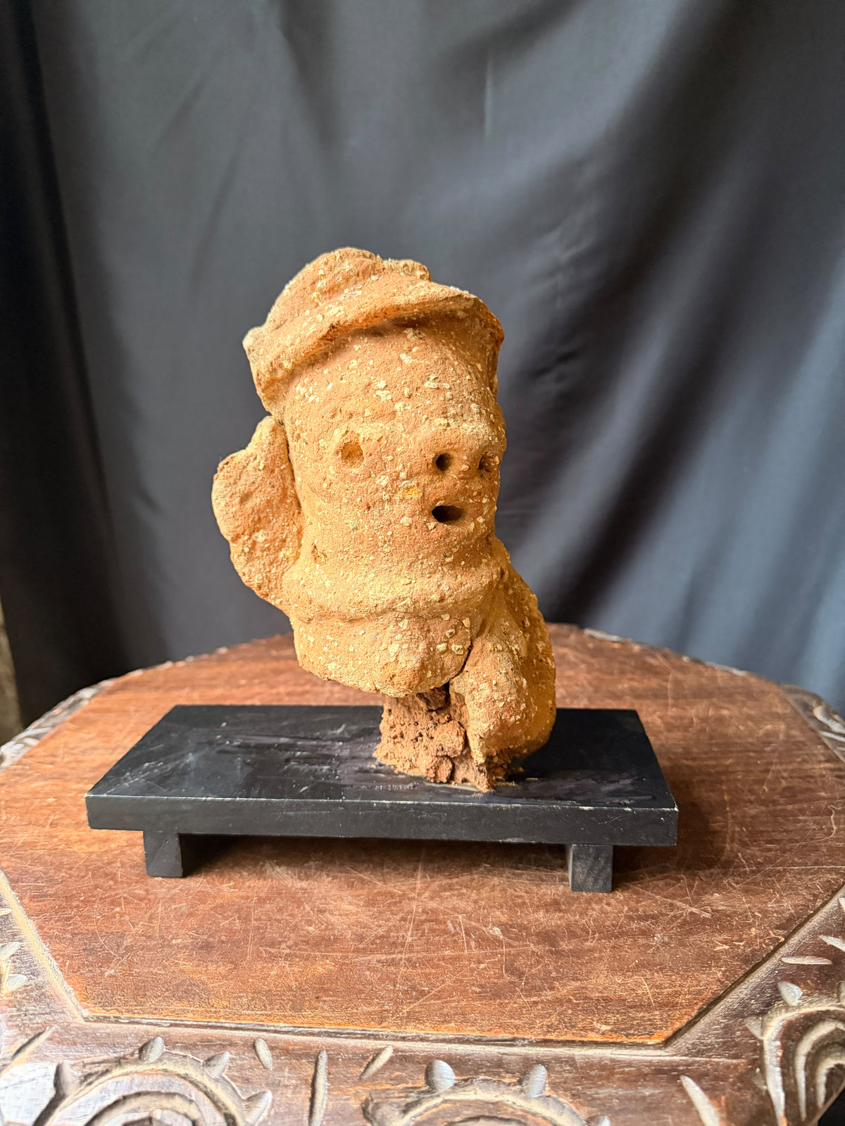 Nok Terracotta Bust with Cap & Raised Arm on Stand Ex Barnes 8in - Age Untested