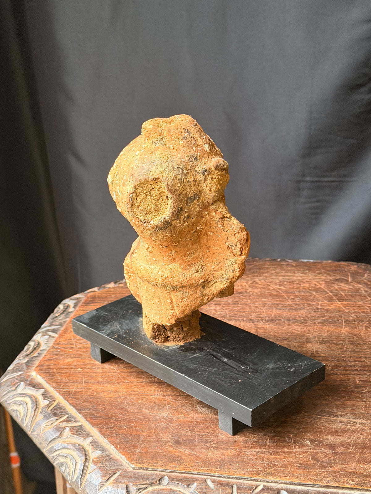 Nok Terracotta Bust with Cap & Raised Arm on Stand Ex Barnes 8in - Age Untested