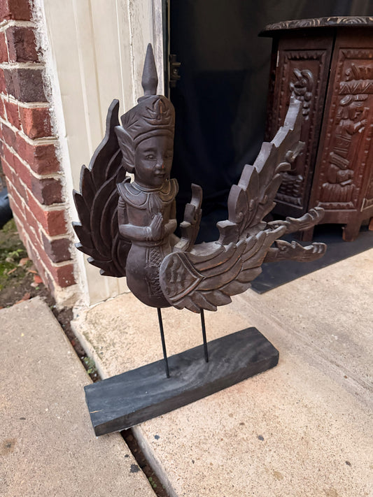 Vintage Southeast Asian Carved Wood Kinnari Bird Maiden Statue on Stand 21.5"