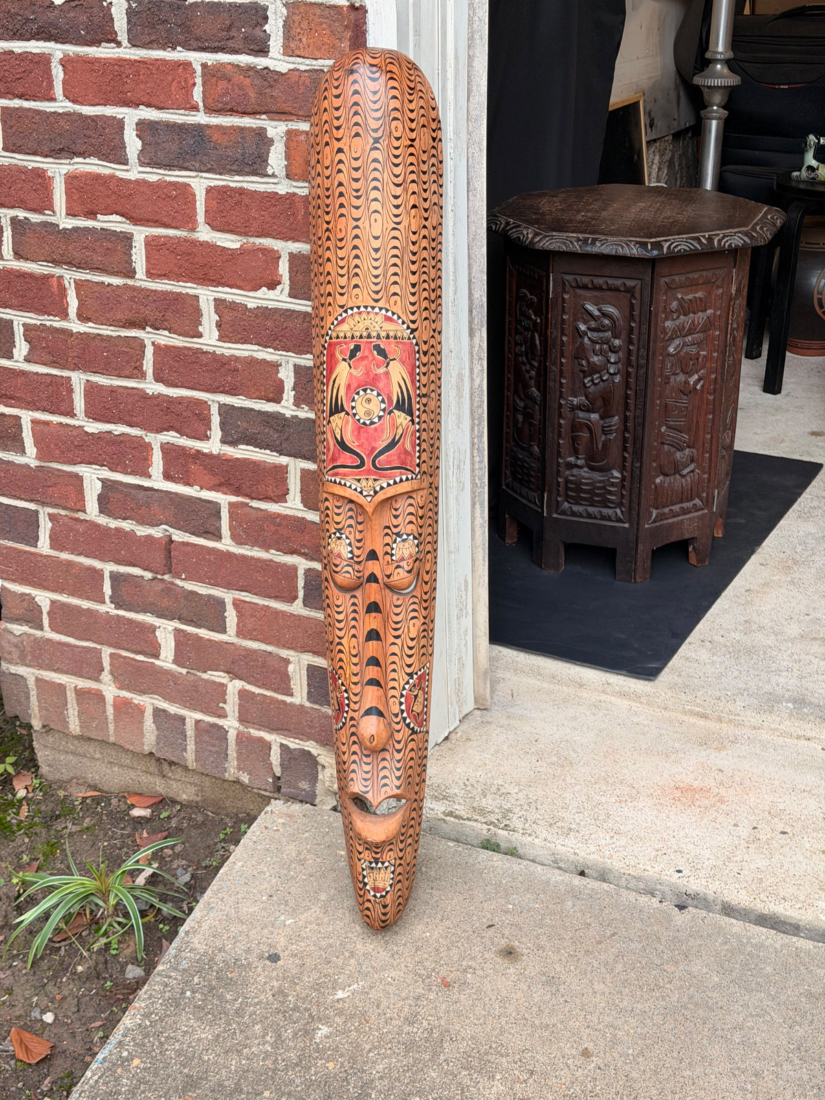 Vintage Indonesian Carved Wood Long Mask Shell Inlay Yin Yang Panel 40"