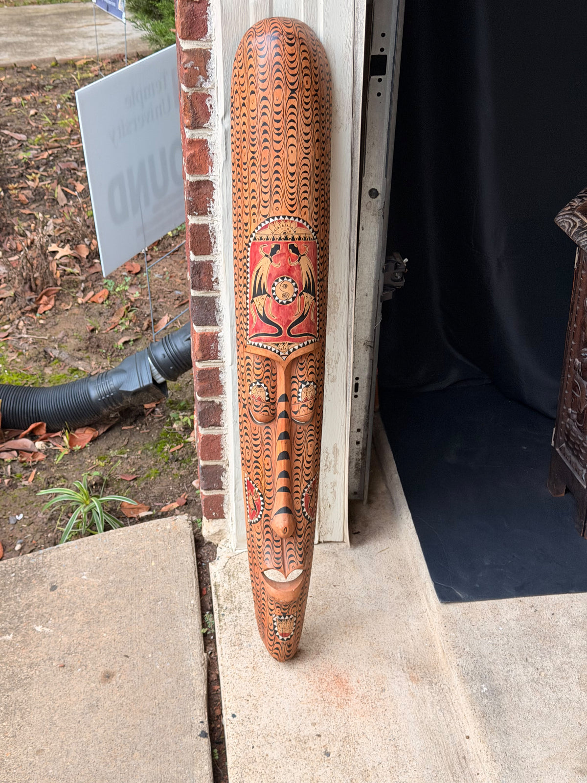 Vintage Indonesian Carved Wood Long Mask Shell Inlay Yin Yang Panel 40"