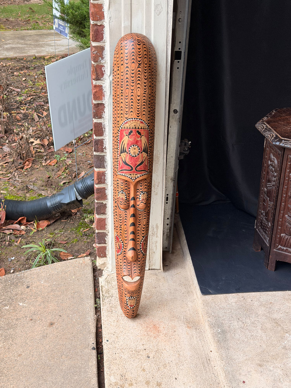 Vintage Indonesian Carved Wood Long Mask Shell Inlay Yin Yang Panel 40"
