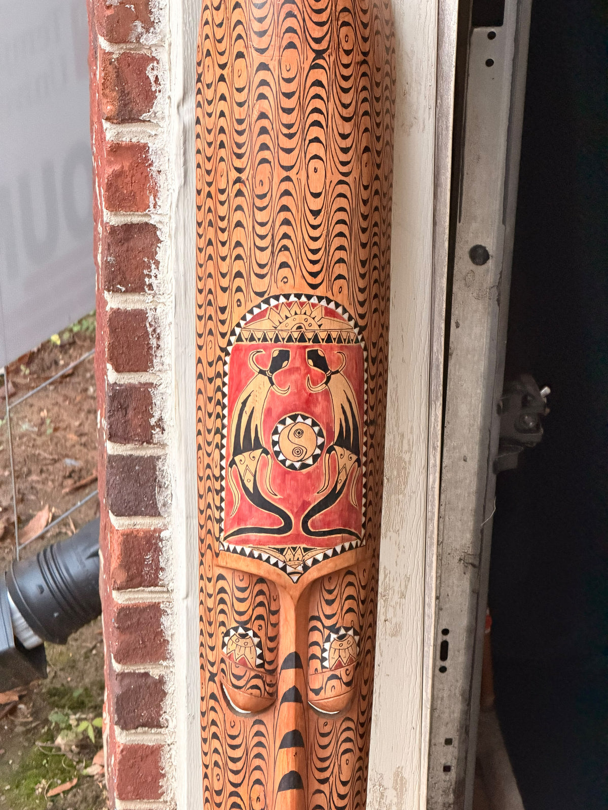 Vintage Indonesian Carved Wood Long Mask Shell Inlay Yin Yang Panel 40"