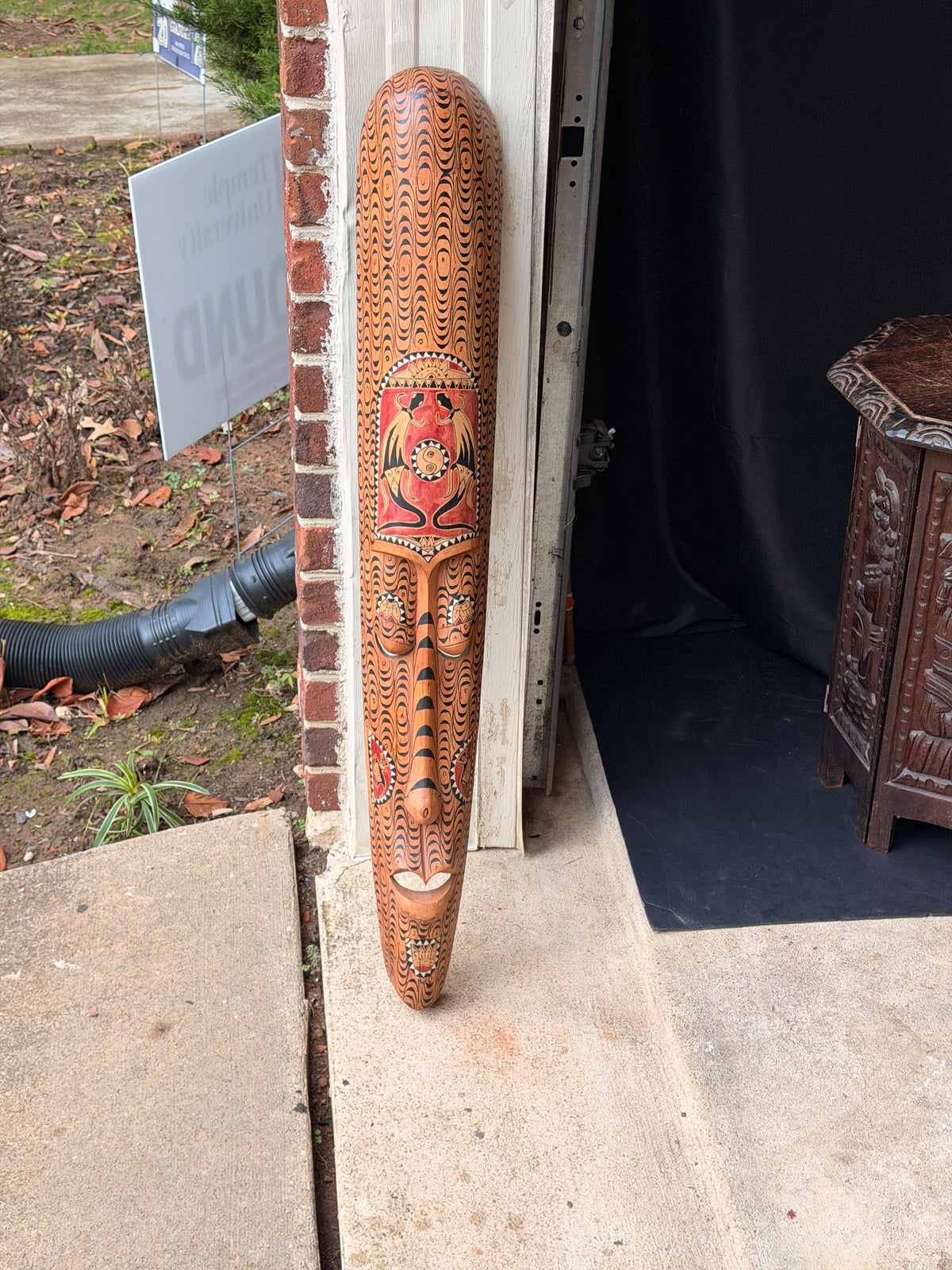 Vintage Indonesian Carved Wood Long Mask Shell Inlay Yin Yang Panel 40"