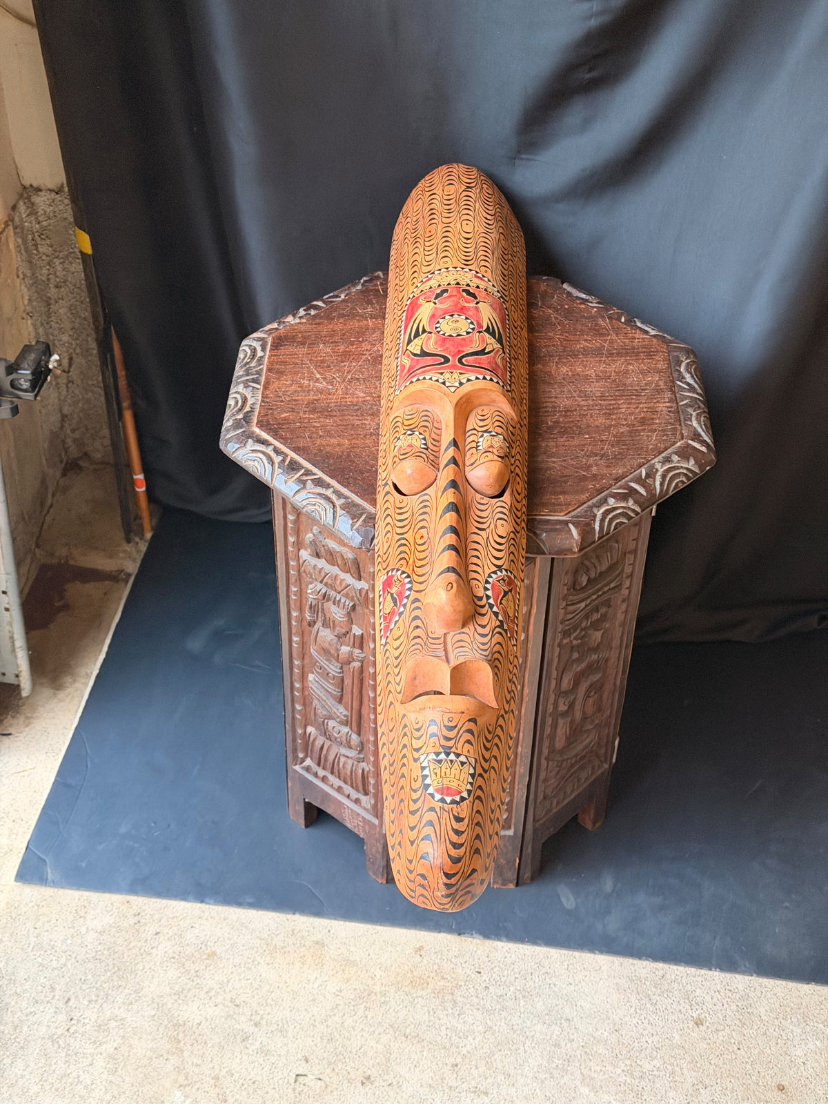 Vintage Indonesian Carved Wood Long Mask Shell Inlay Yin Yang Panel 40"