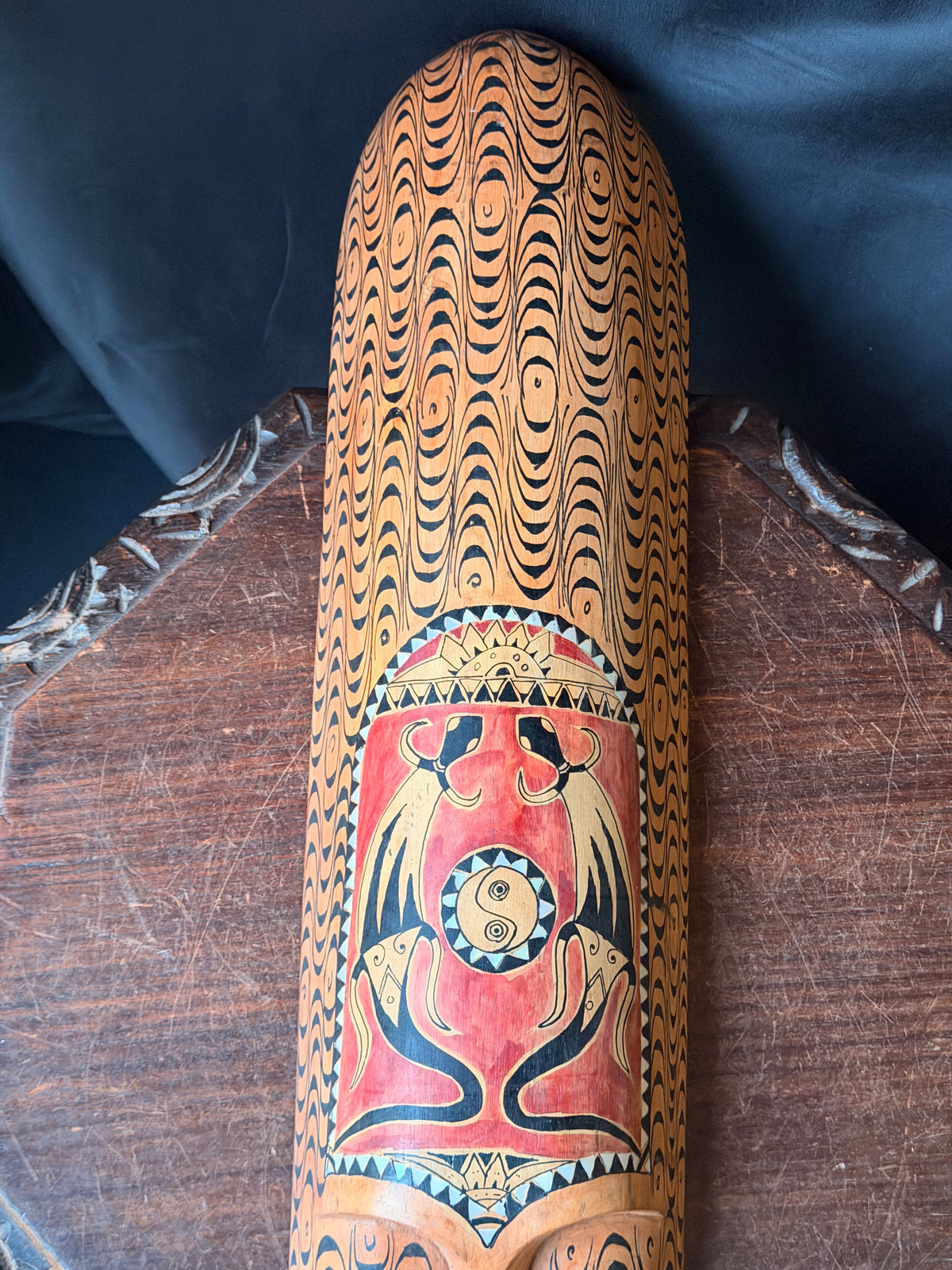 Vintage Indonesian Carved Wood Long Mask Shell Inlay Yin Yang Panel 40"