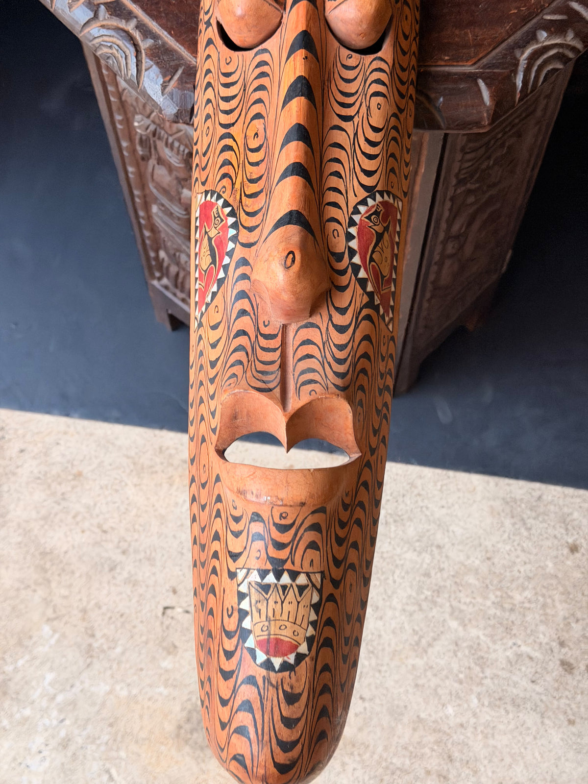 Vintage Indonesian Carved Wood Long Mask Shell Inlay Yin Yang Panel 40"