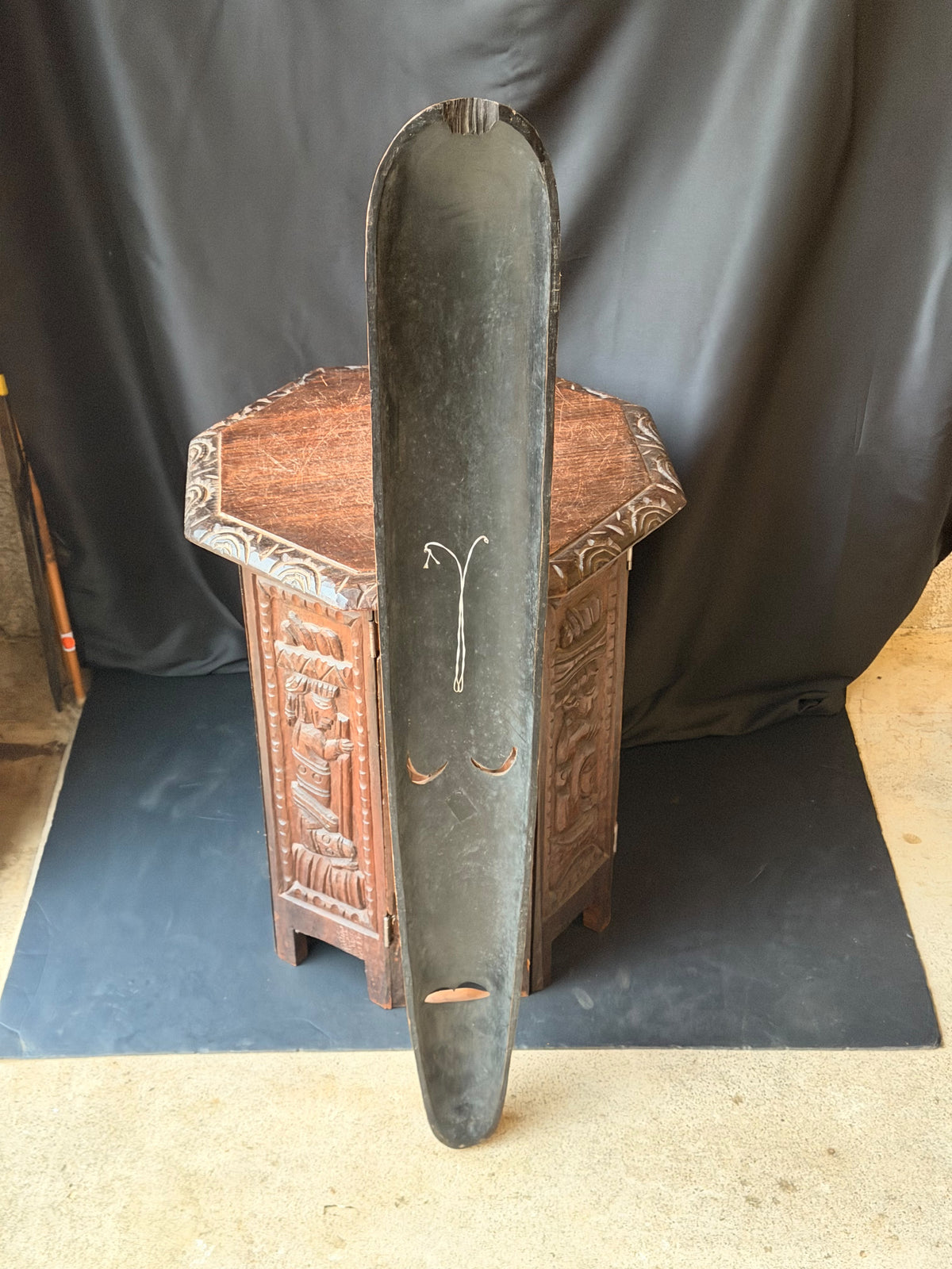 Vintage Indonesian Carved Wood Long Mask Shell Inlay Yin Yang Panel 40"