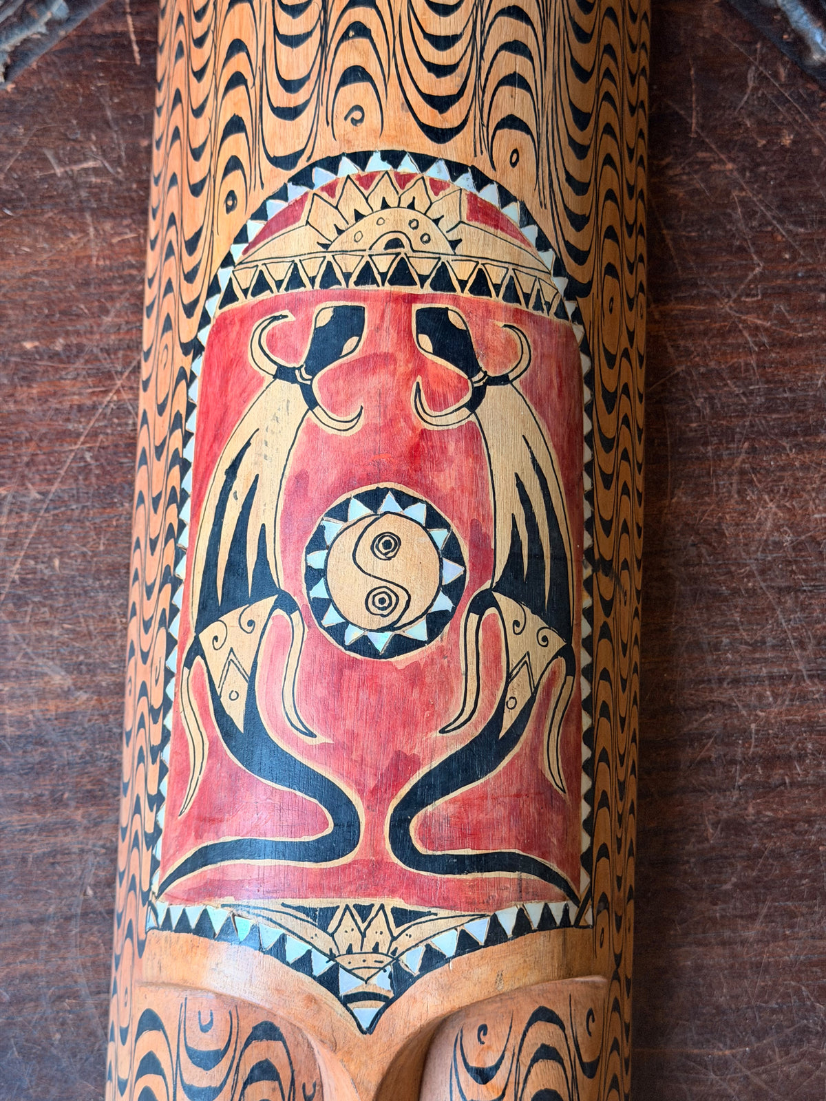 Vintage Indonesian Carved Wood Long Mask Shell Inlay Yin Yang Panel 40"