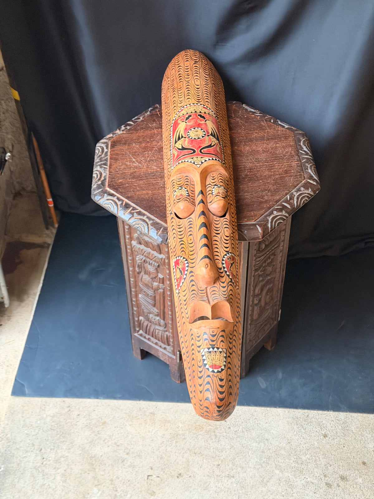 Vintage Indonesian Carved Wood Long Mask Shell Inlay Yin Yang Panel 40"